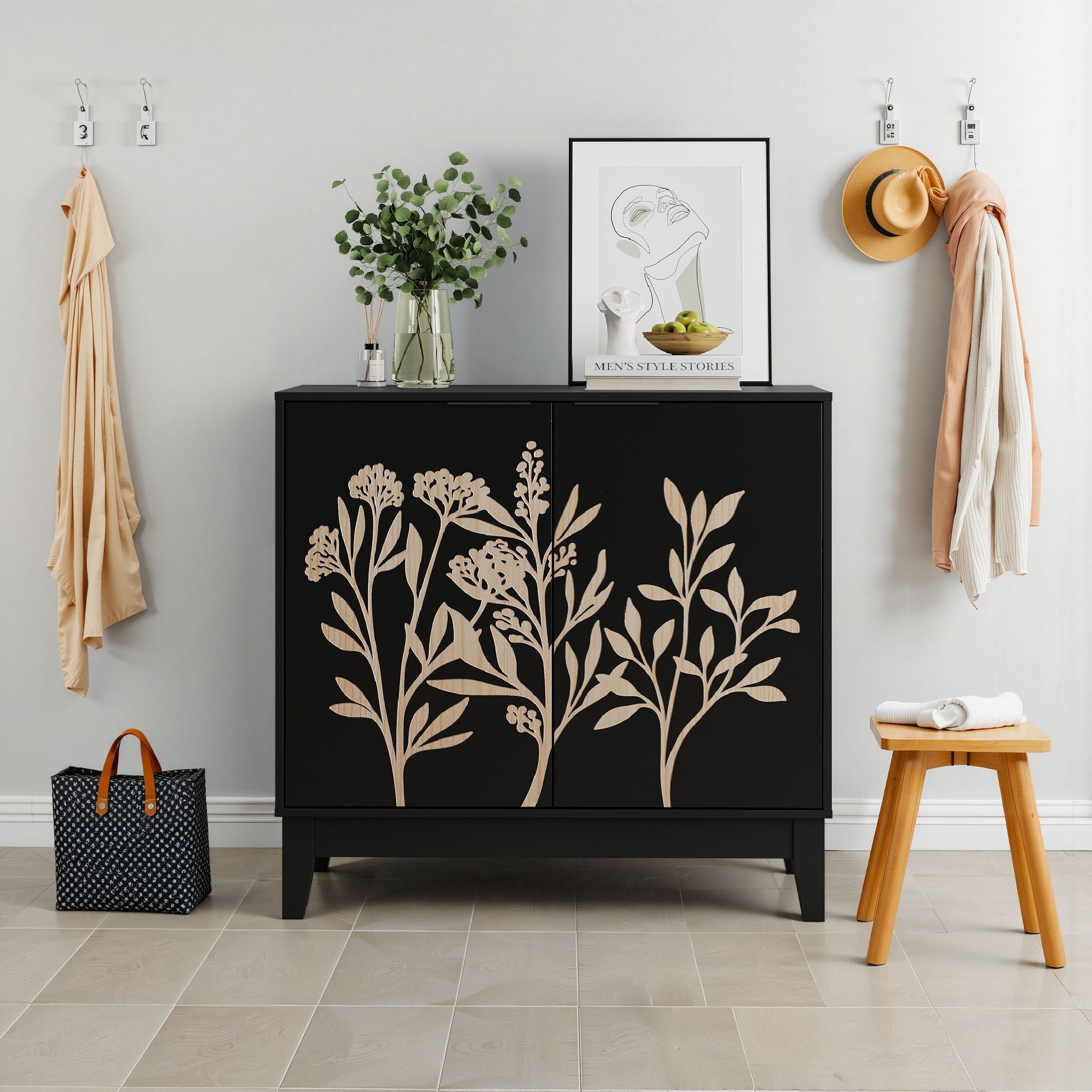 Vintage Carved Buffet Cabinet With Adjustable Shelves, Wooden Decorative Sideboard - Black