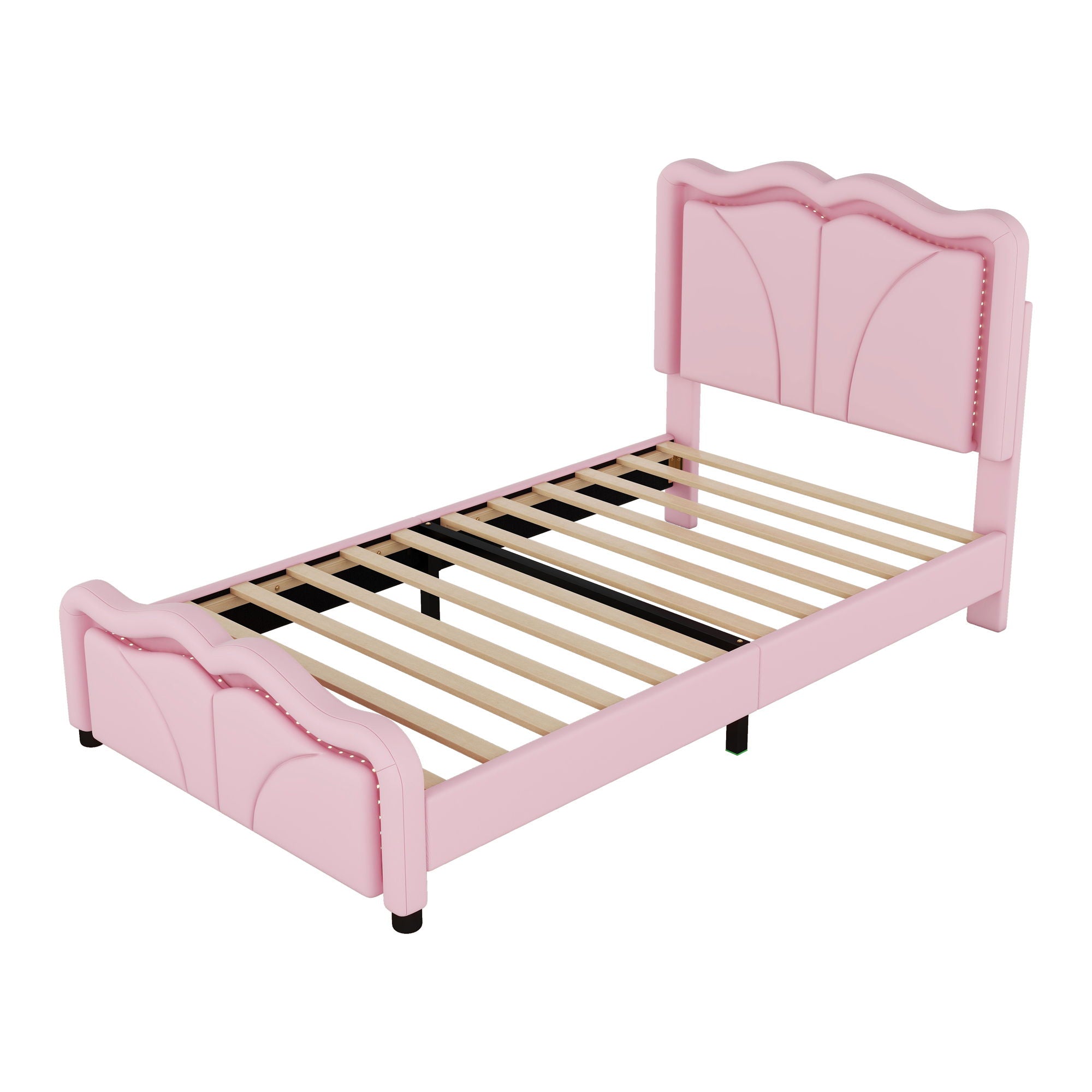 Upholstered Platform Bed & Curve Shaped And Height Adjustable Headboard, LED Light Strips