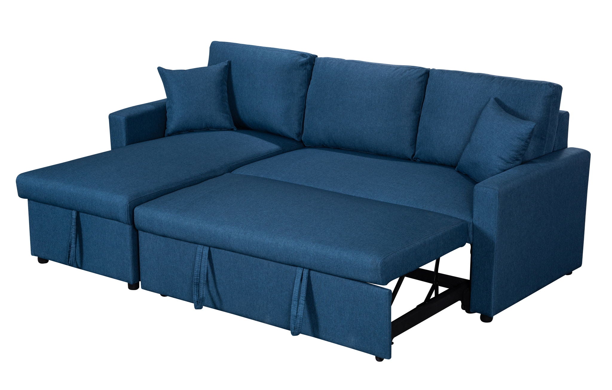 Paisley 82"W Blue Linen Fabric Reversible Sleeper Sectional Sofa with Storage Chaise