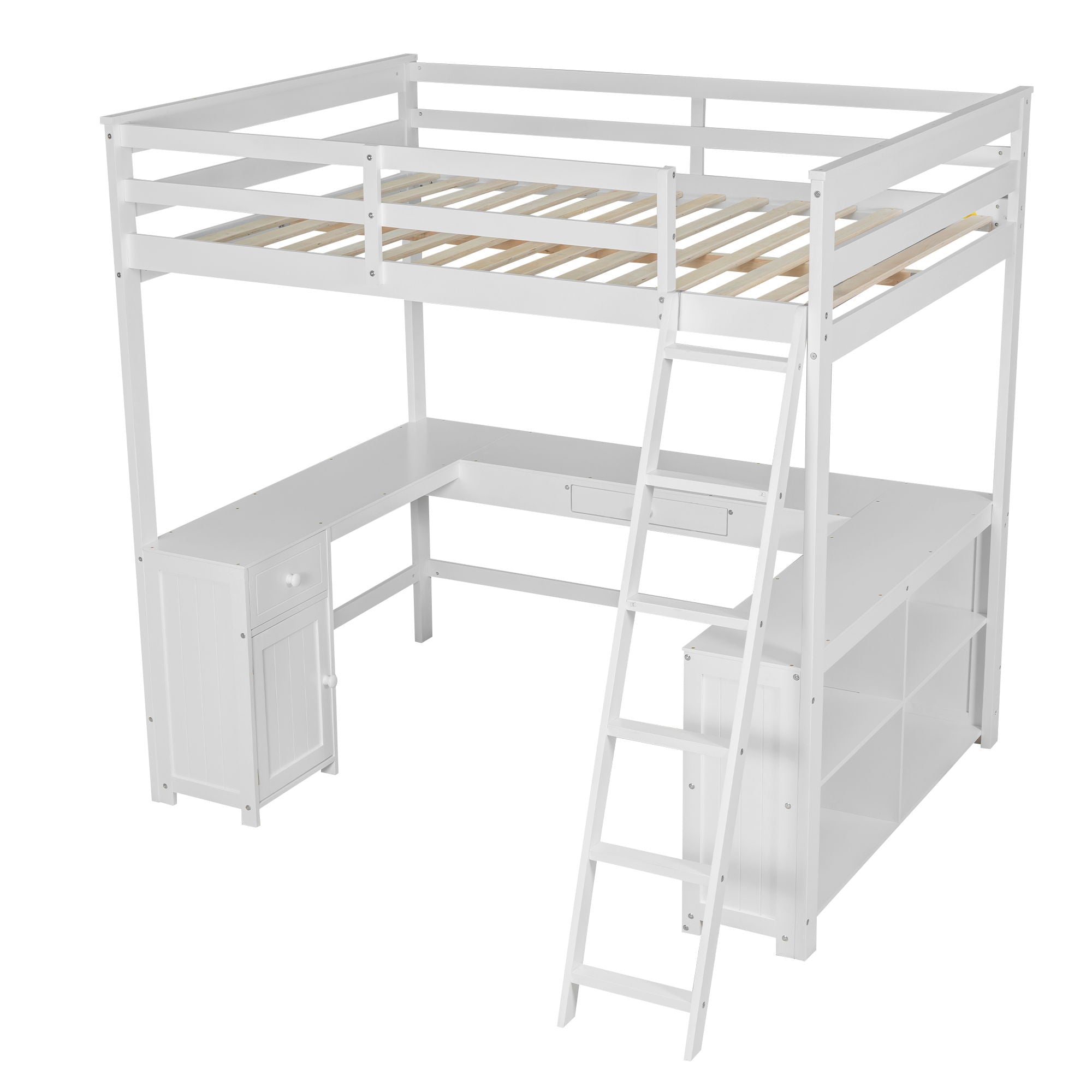 Loft Bed With U-Shaped Desk, Drawers, And Storage Shelves