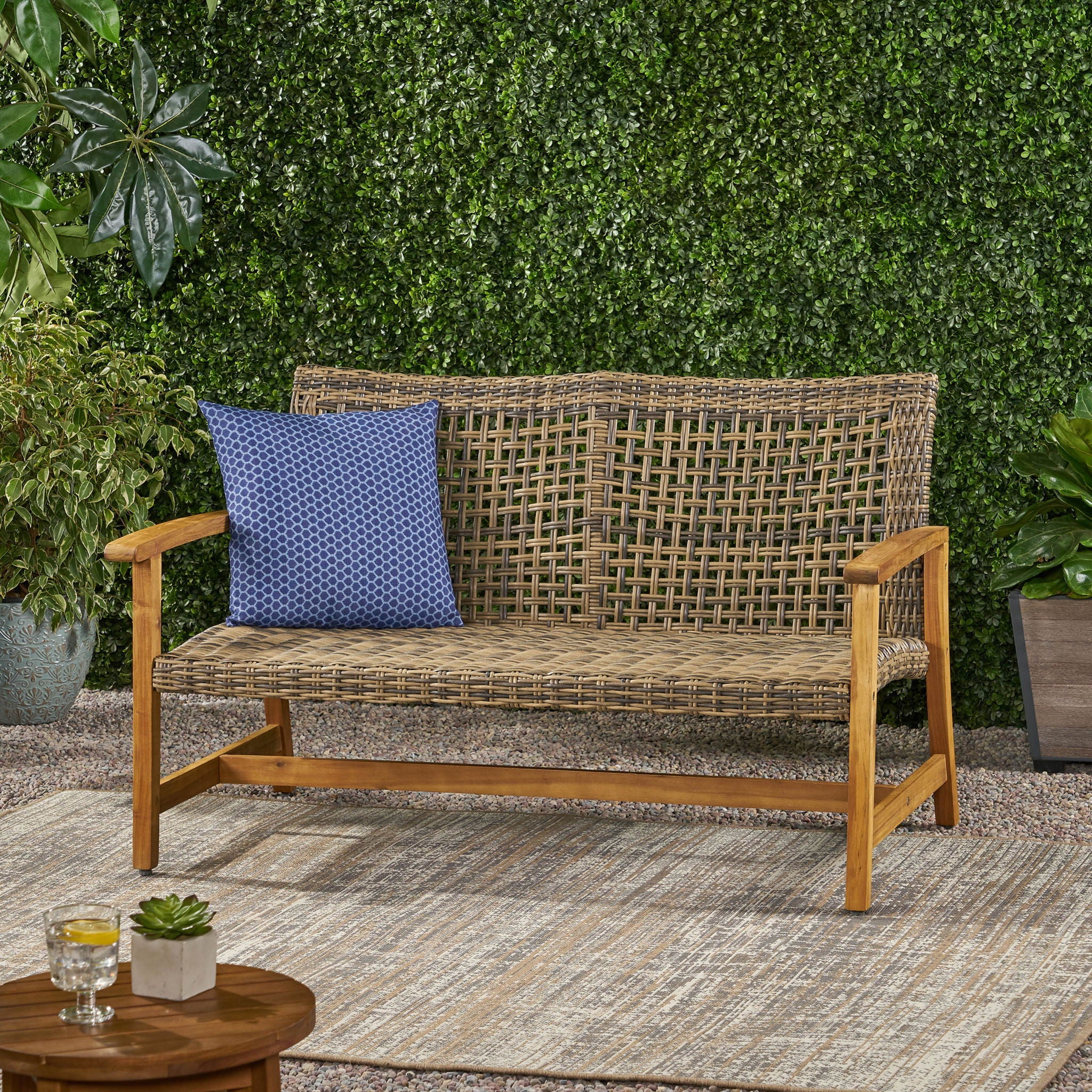 Outdoor Rattan Loveseat With Wooden Legs - Brown