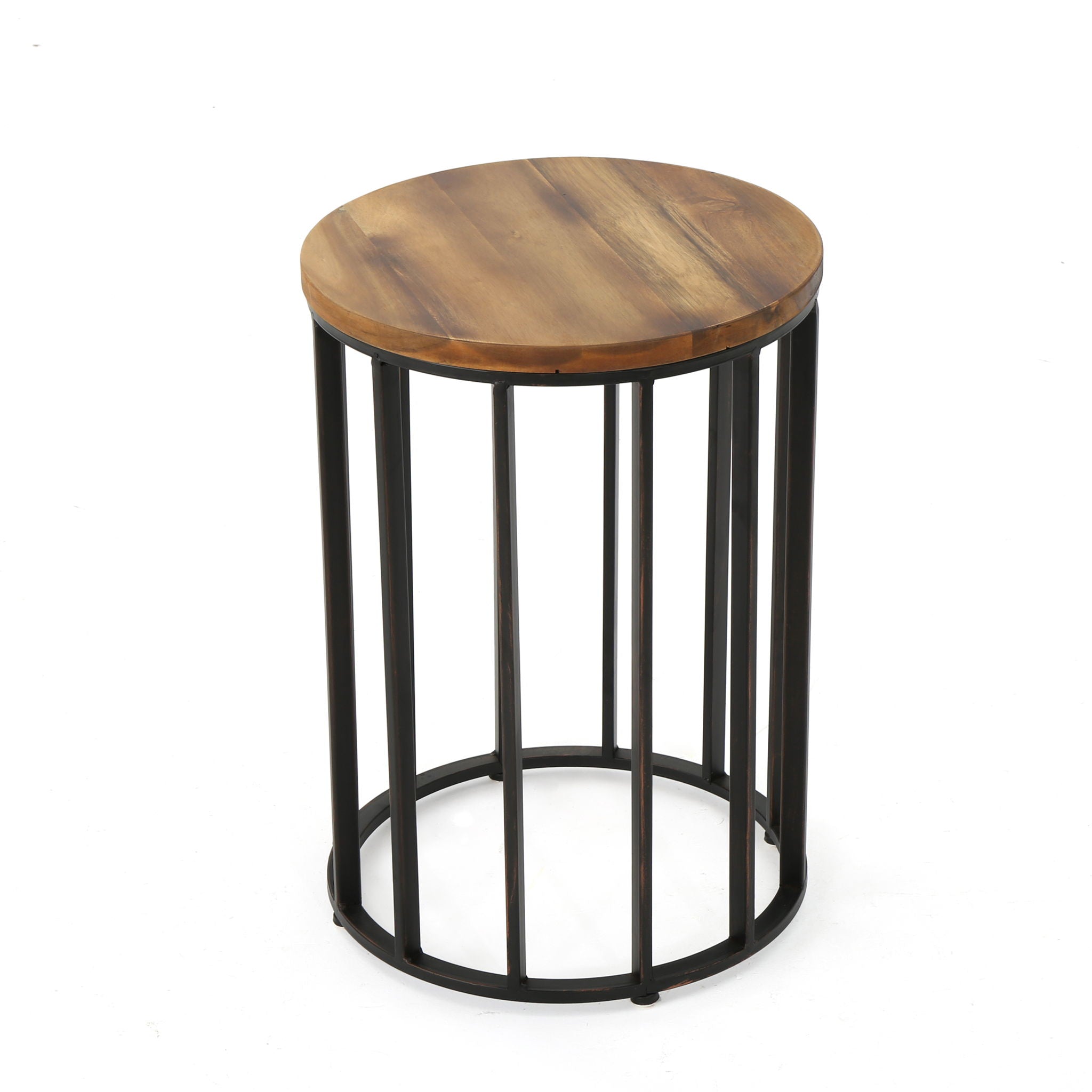 Outdoor Cylindrical Side Table With Round Solid Wood Top And Metal Frame - Natural