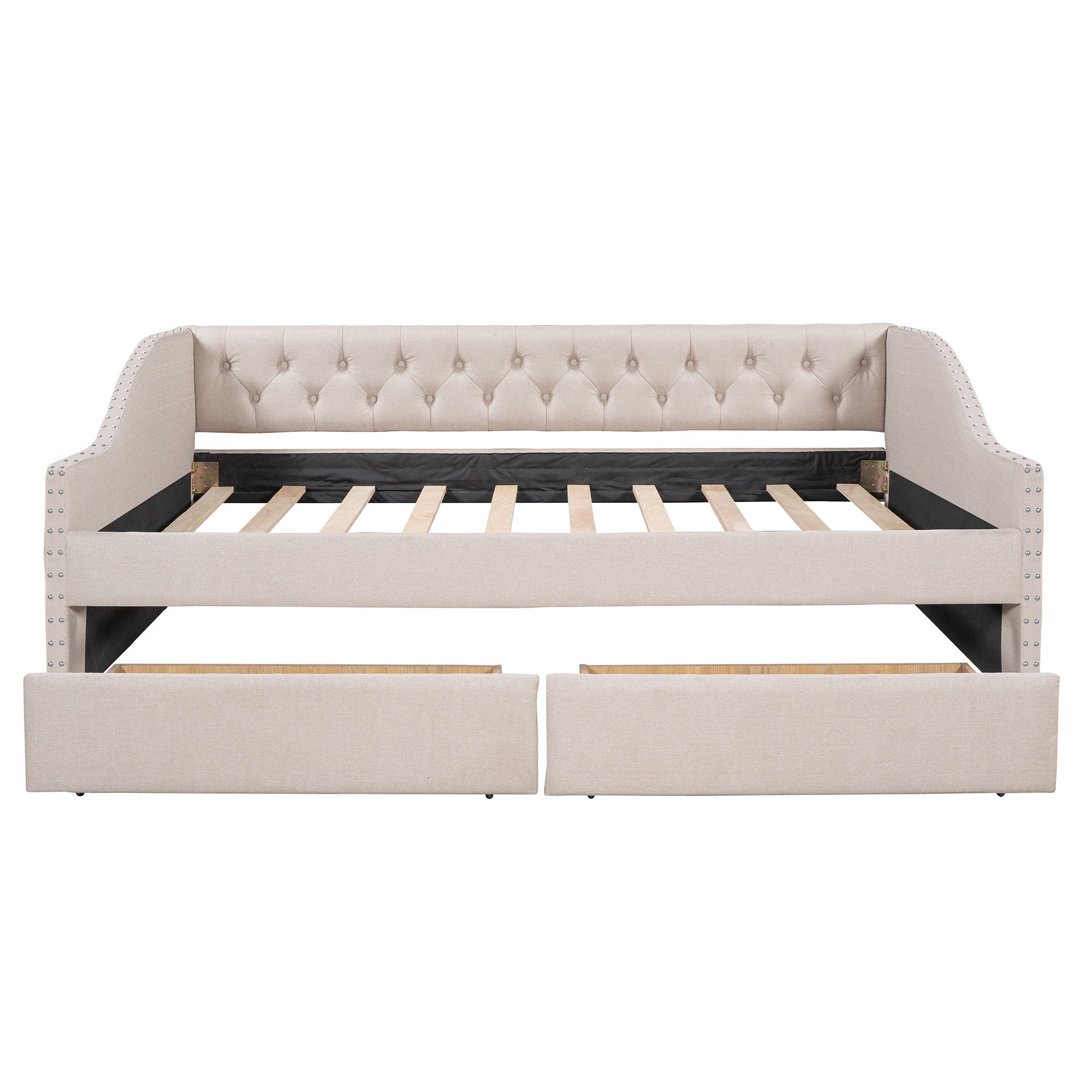 Upholstered Daybed With Two Drawers, Wood Slat Support