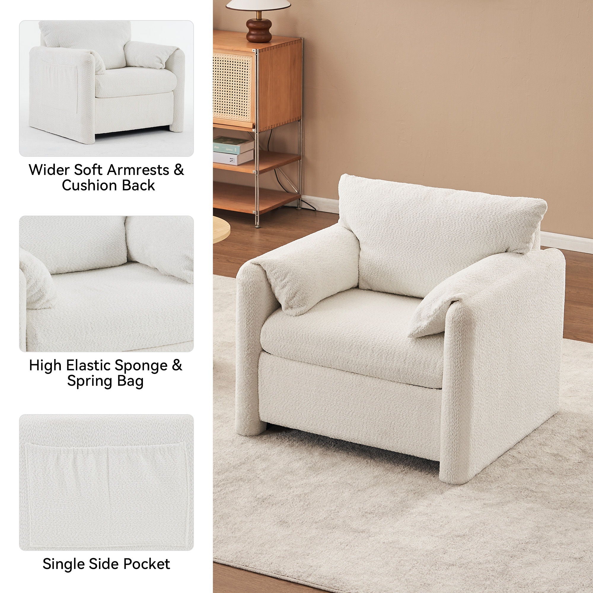 Fixed Modern Accent Chair Single Seater Plush Chenille Lounge Chair With High Resilience Cushion - Ivory White