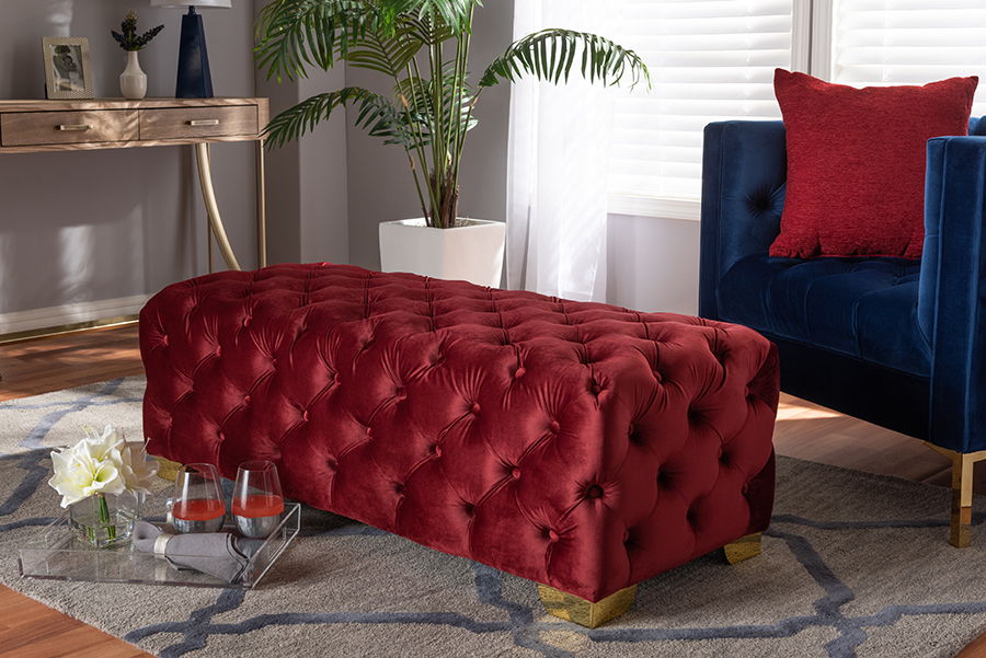 Avara Glam and Luxe Burgundy Velvet Fabric Upholstered Gold Finished Button Tufted Bench Ottoman