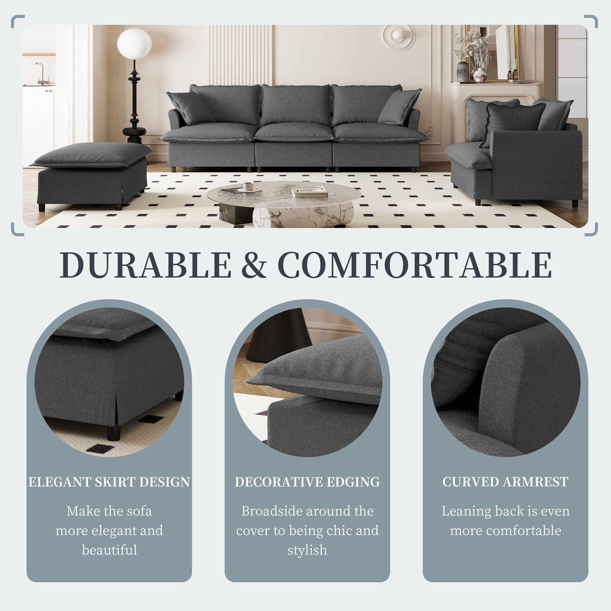 Living Room Set Modular Sectional Couch, Upholstered Sofa & Armchair & Movable Ottoman