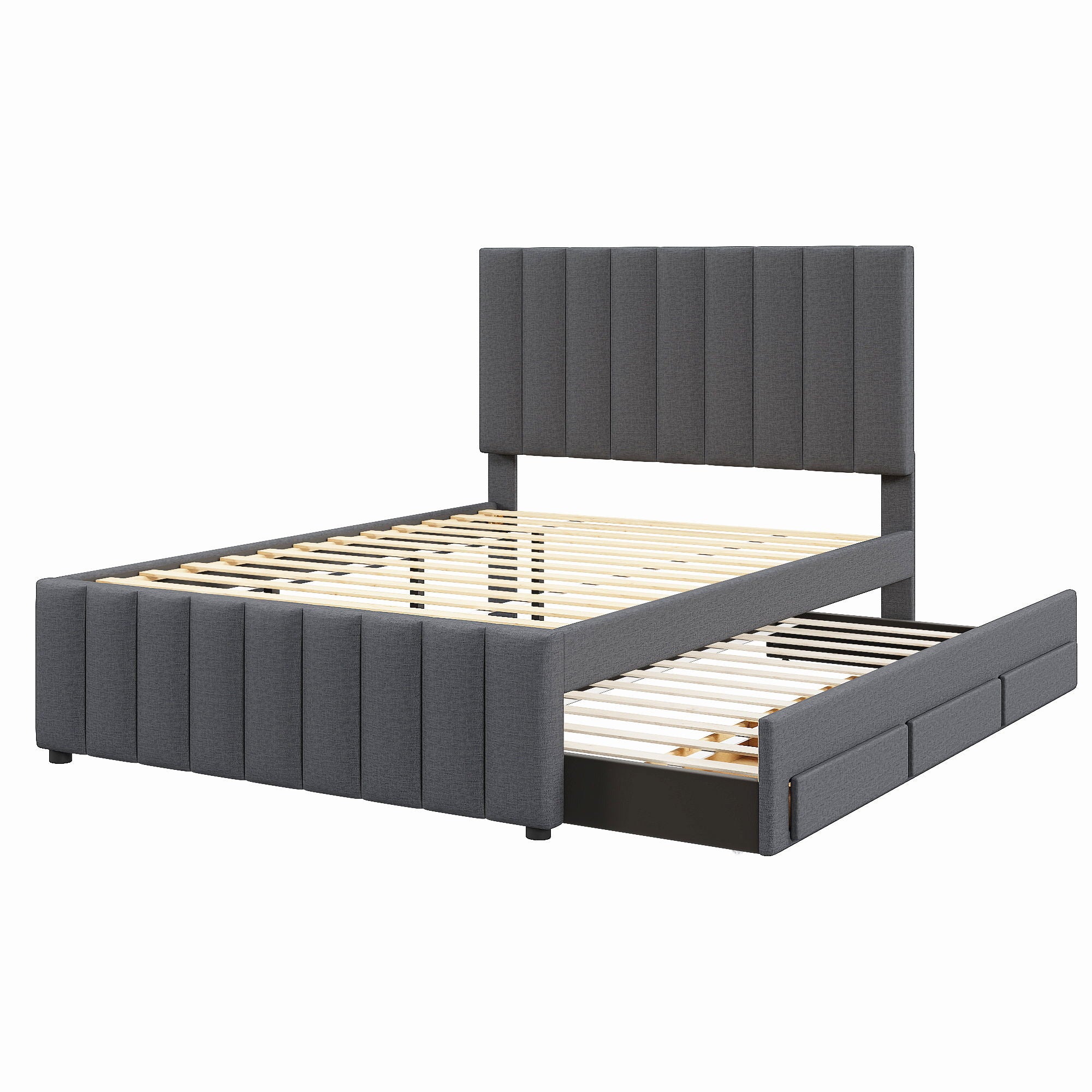 Upholstered Platform Bed With Twin Size Trundle And 3 Drawers