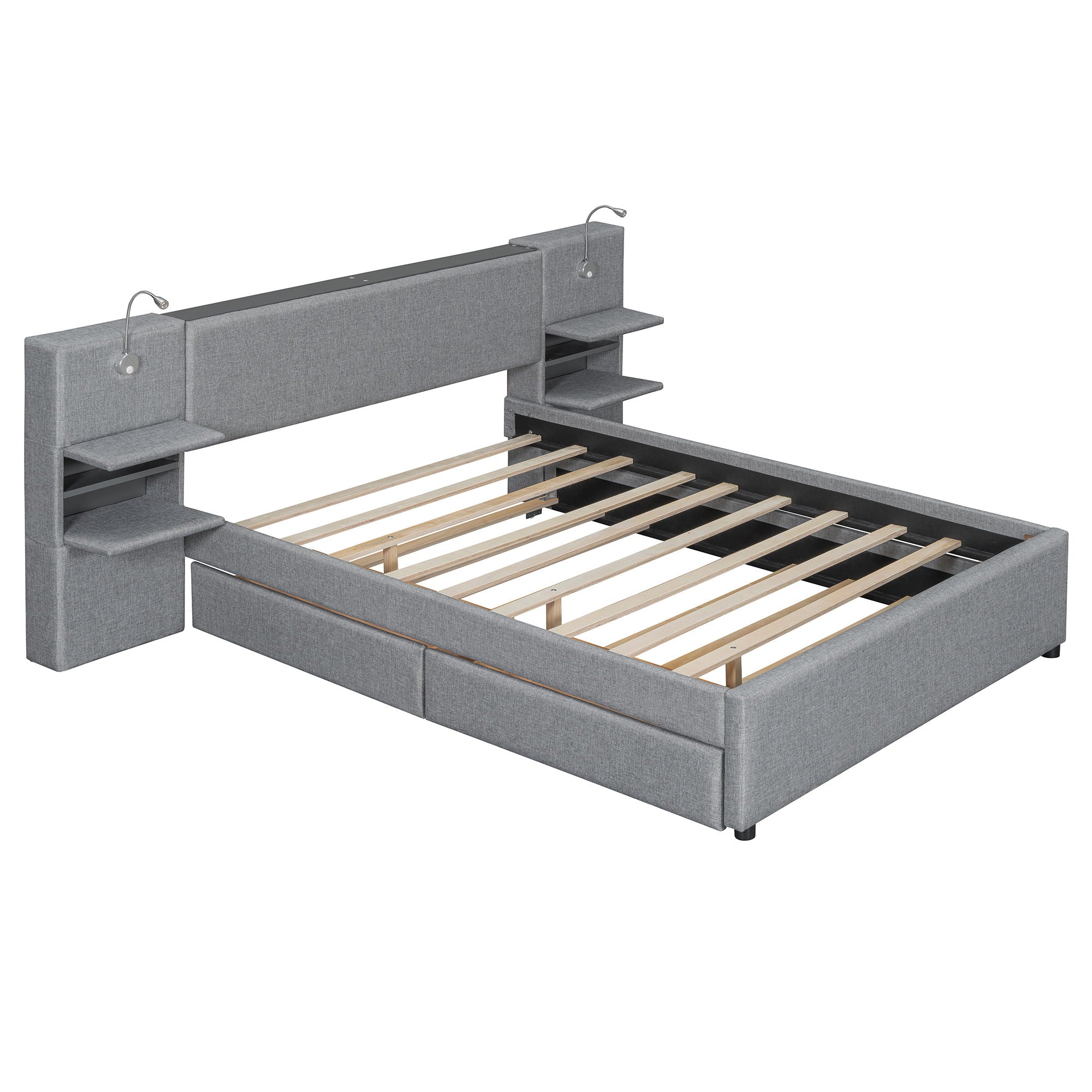Upholstered Platform Bed With Reading Lights, Drawers, Trundle And Shelves