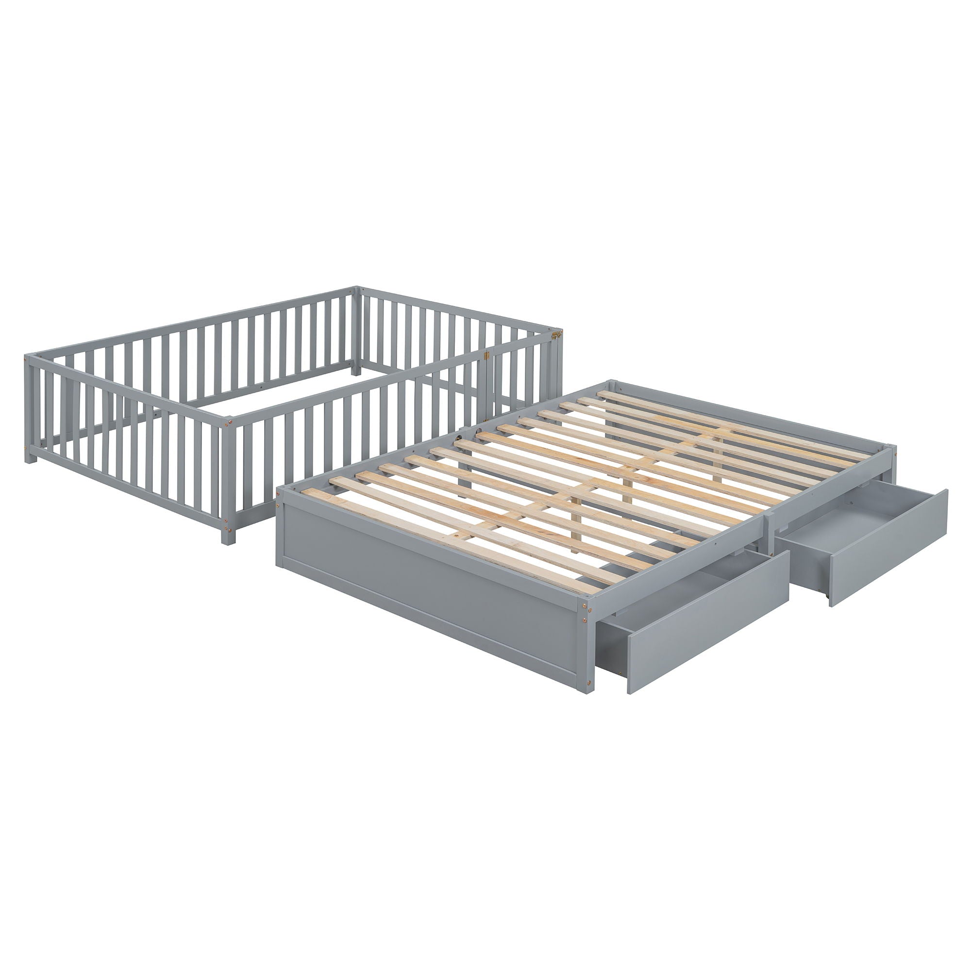 Daybed With Fence Guardrails And 2 Drawers, Split Into Independent Floor Bed & Daybed