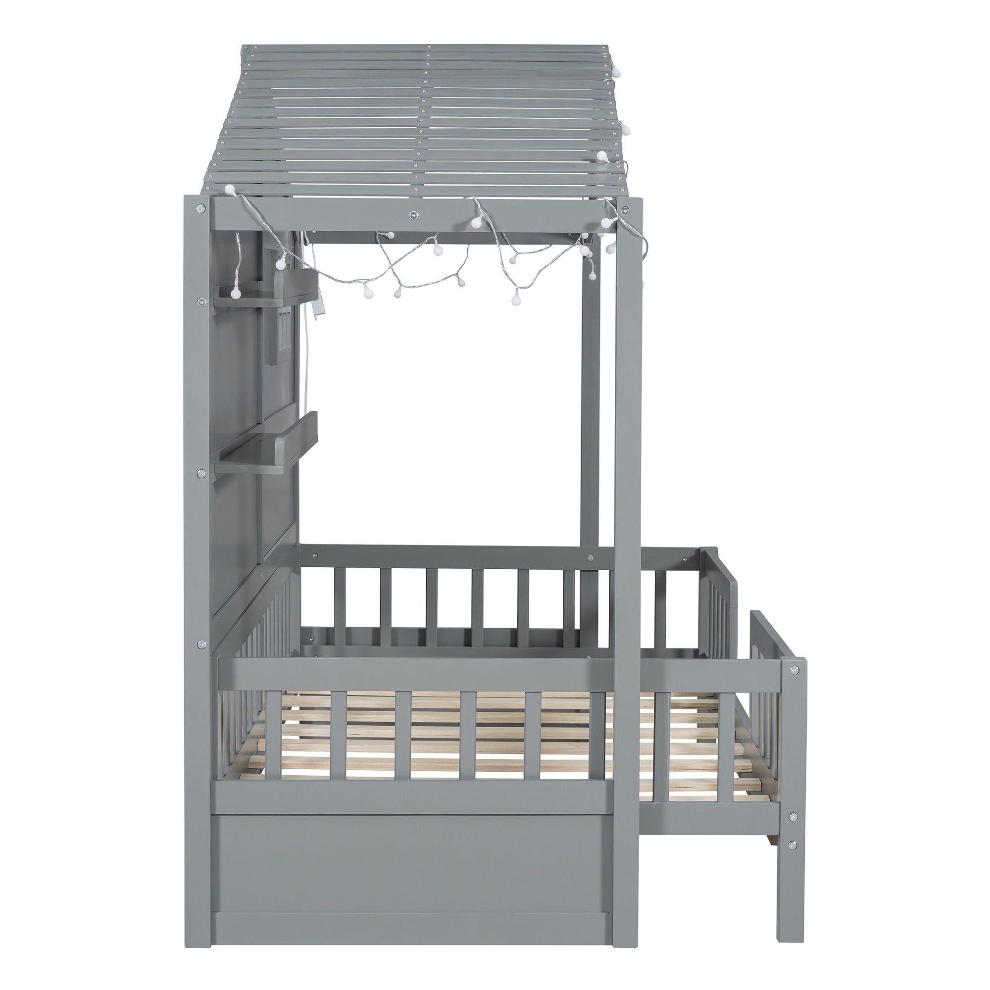 House Bed With Shelves, Window And Sparkling Light Strip On The Roof