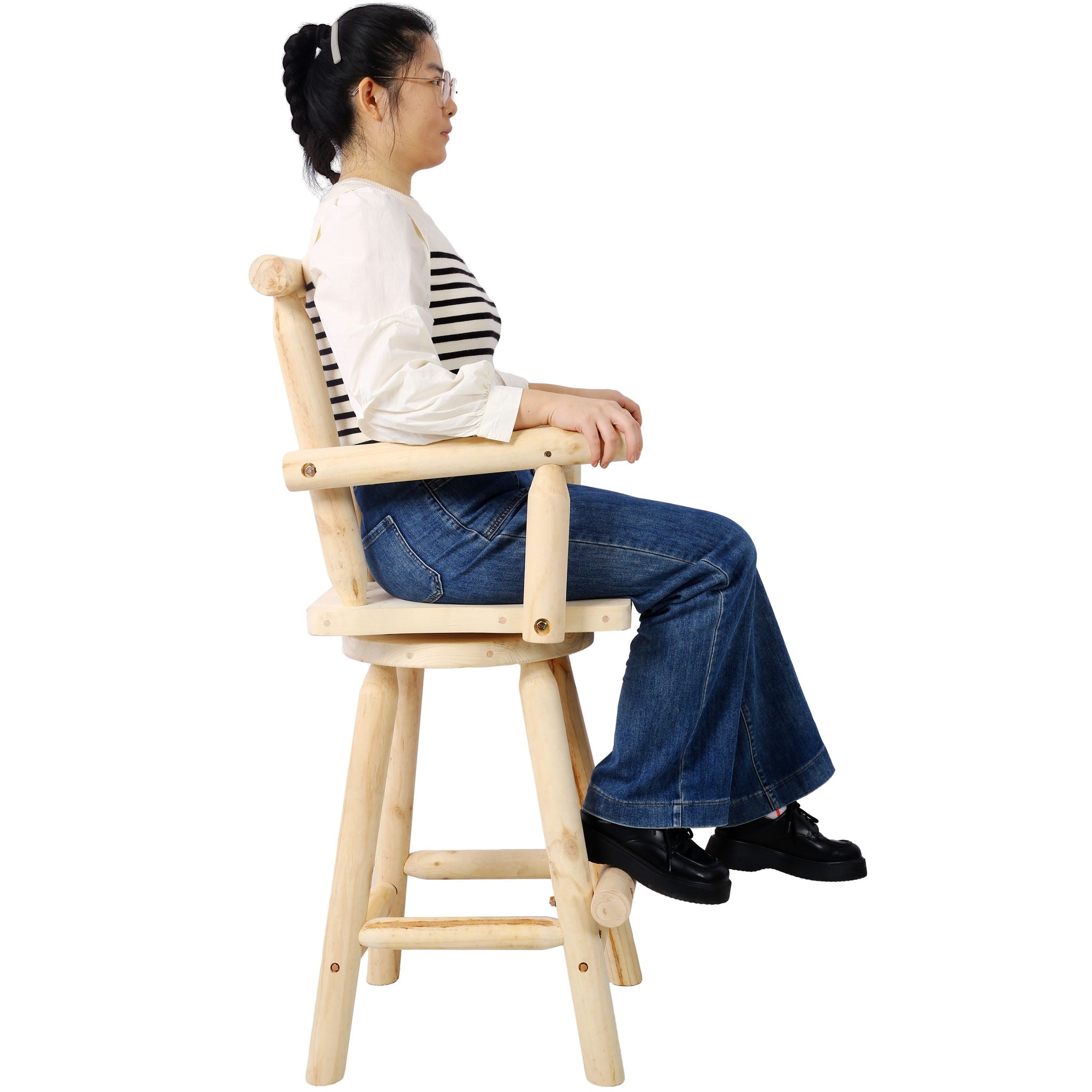 Rustic Bar Stool, Fir Wood Construction, Wide Armrest