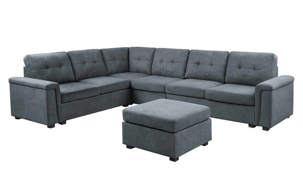 Isla 119"W Gray Woven Fabric 7-Seater Sectional Sofa with Ottoman