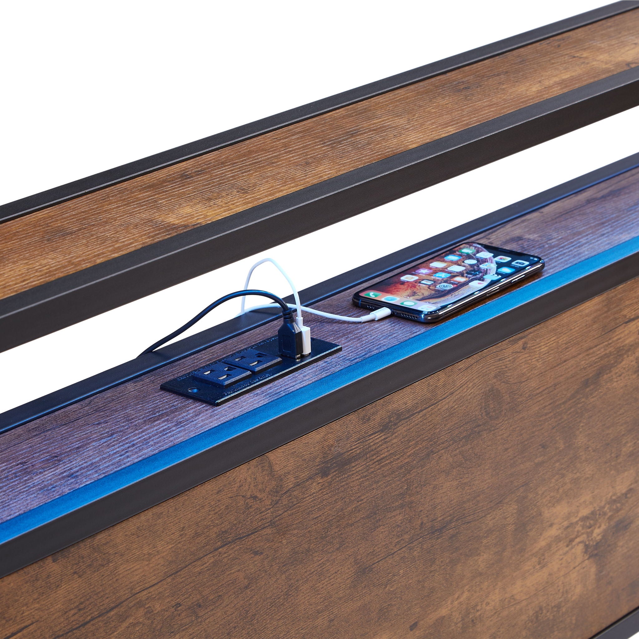 Modern Metal Platform Bed Frame With Wooden Headboard, USB Charging, LED Lights, And Storage
