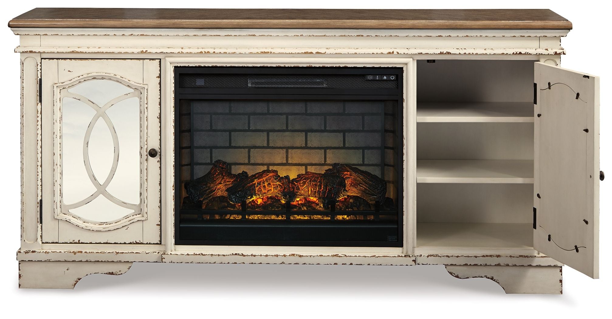 Signature Design by Ashley® Realyn - Chipped White - 2 Pc. - 74" TV Stand With Electric Infrared Fireplace Insert | Meri Furniture