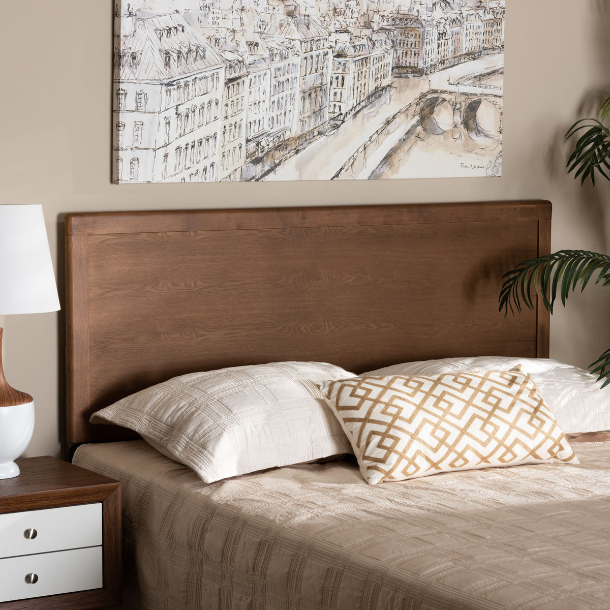 Alan Modern and Contemporary Transitional Ash Walnut Finished Wood Queen Size Headboard