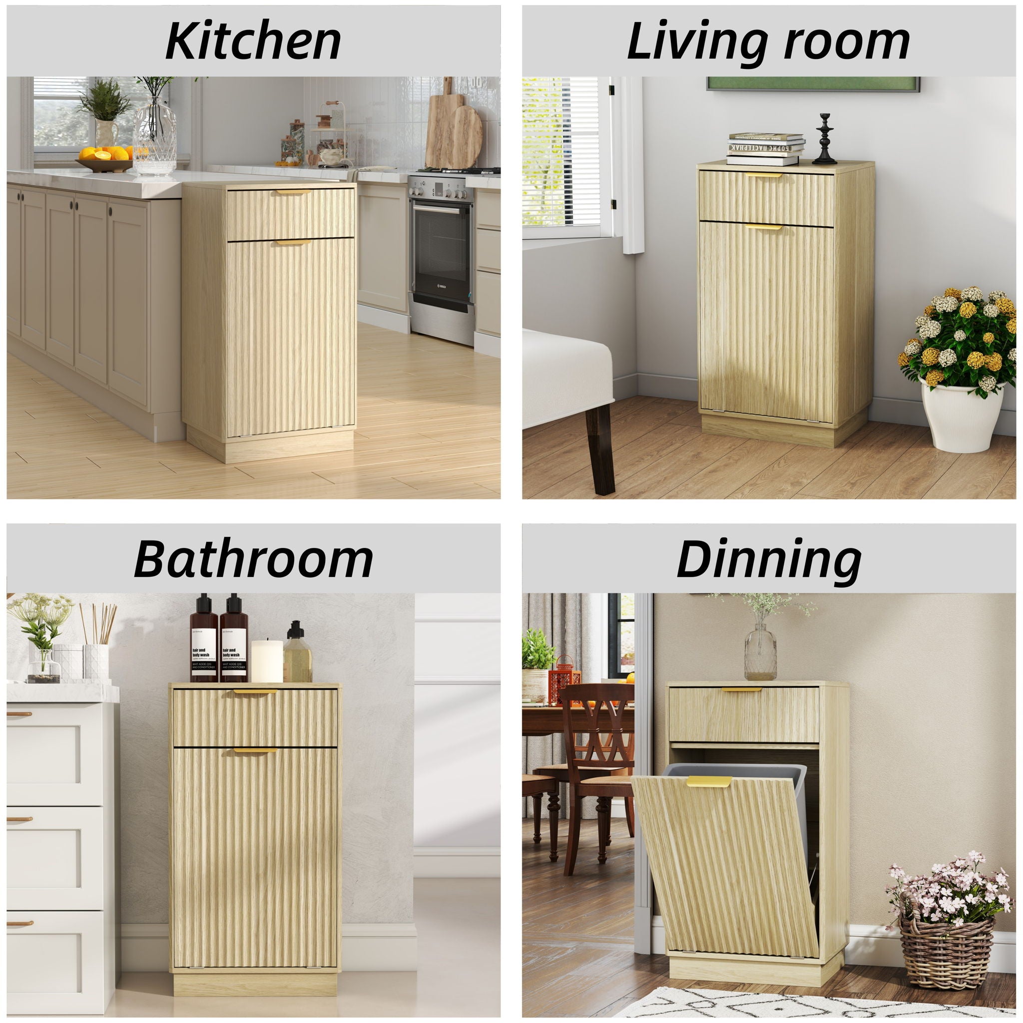 Tilt Out Trash Can Cabinet With Wave Textured Drawer & Pull Out Bin