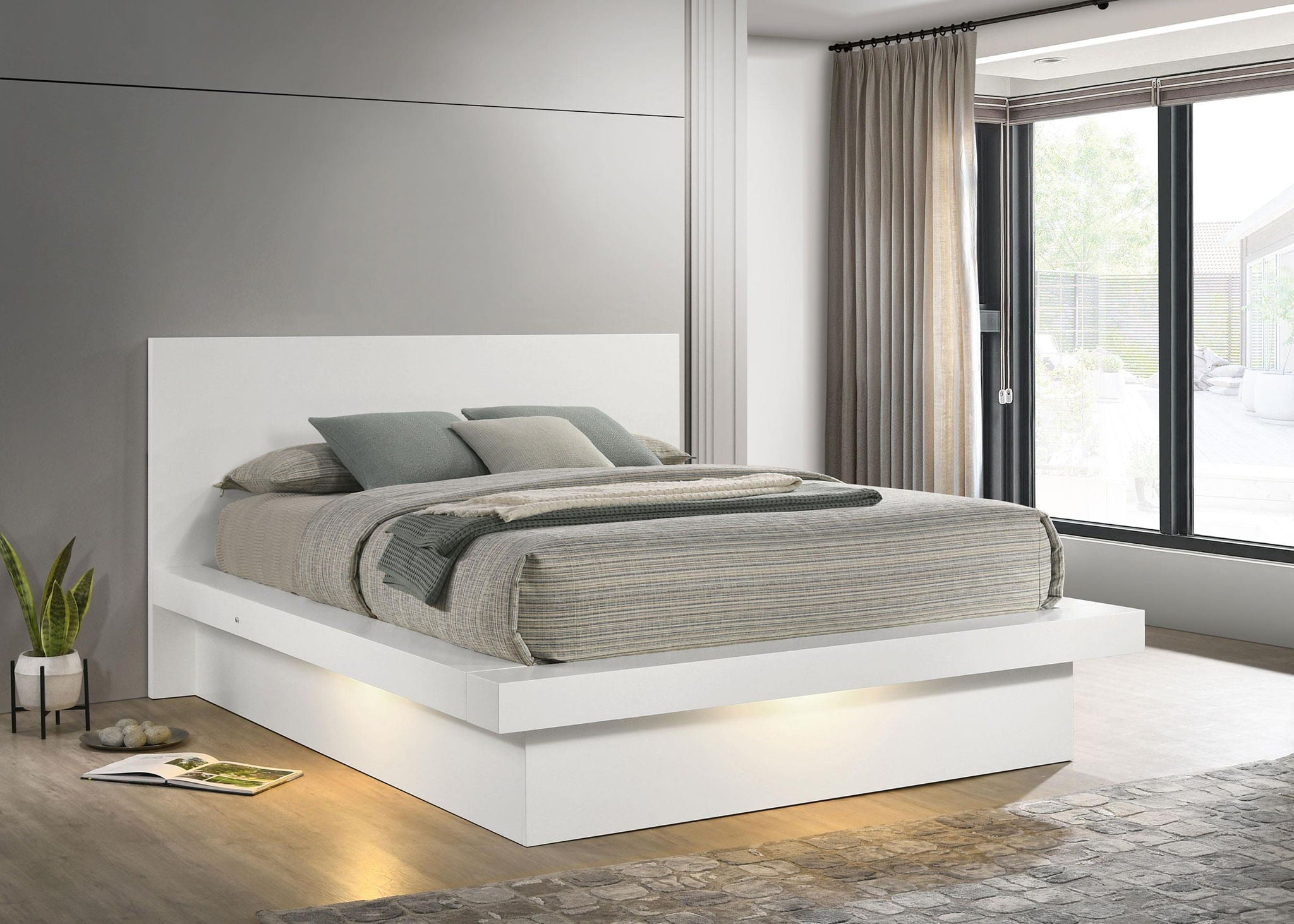 Jessica Wood Eastern King LED Panel Bed Snow White
