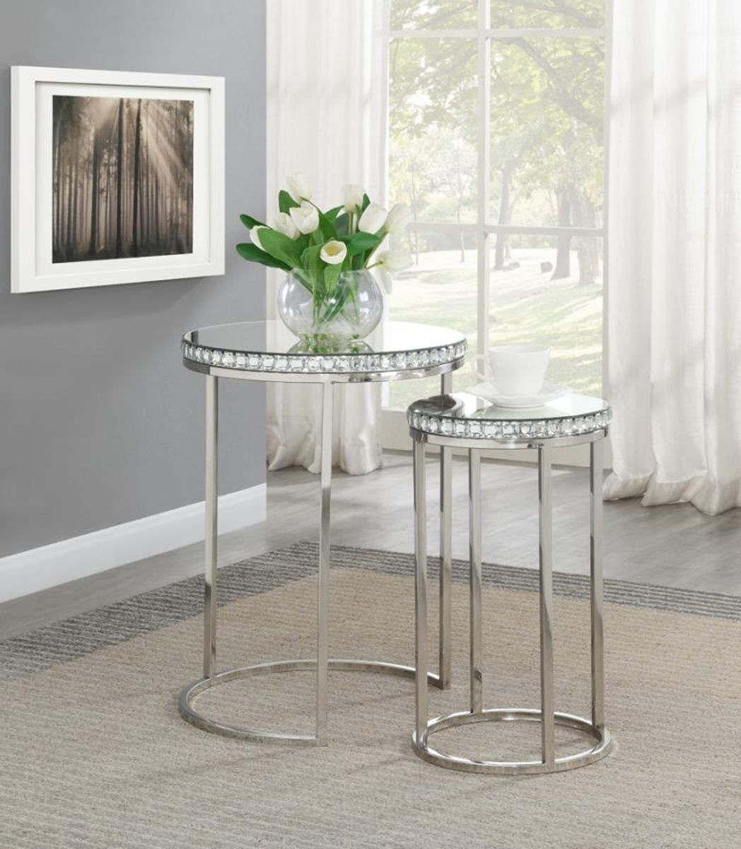 Coaster Fine Furniture Addison - 2-Piece Round Mirror Top Nesting Tables - Silver | Meri Furniture