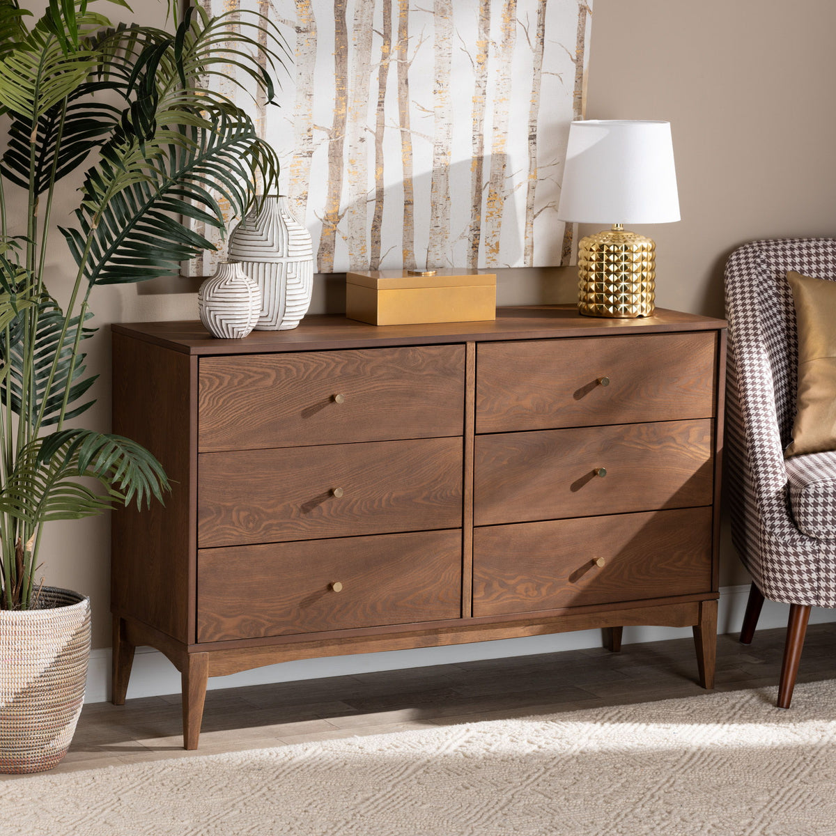 Landis Mid-Century Modern Ash Walnut Finished Wood 6-Drawer Dresser