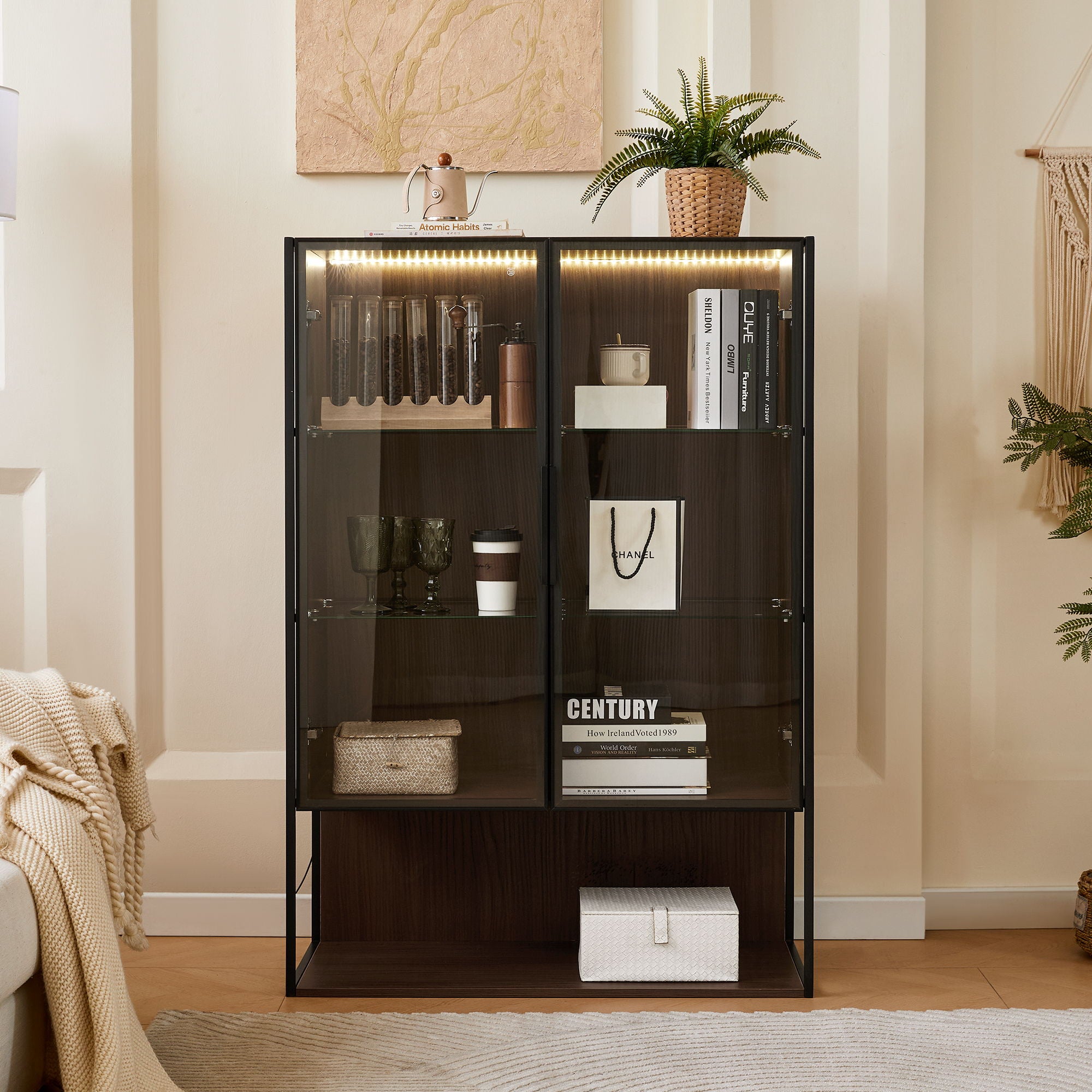 Modern Minimalist Tall Lighted Display Cabinet With Tempered Glass Door - Black / Dark Walnut