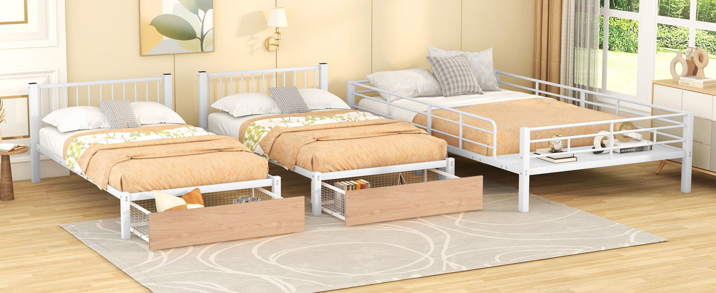 Triple Bunk Bed With Drawers And Guardrails