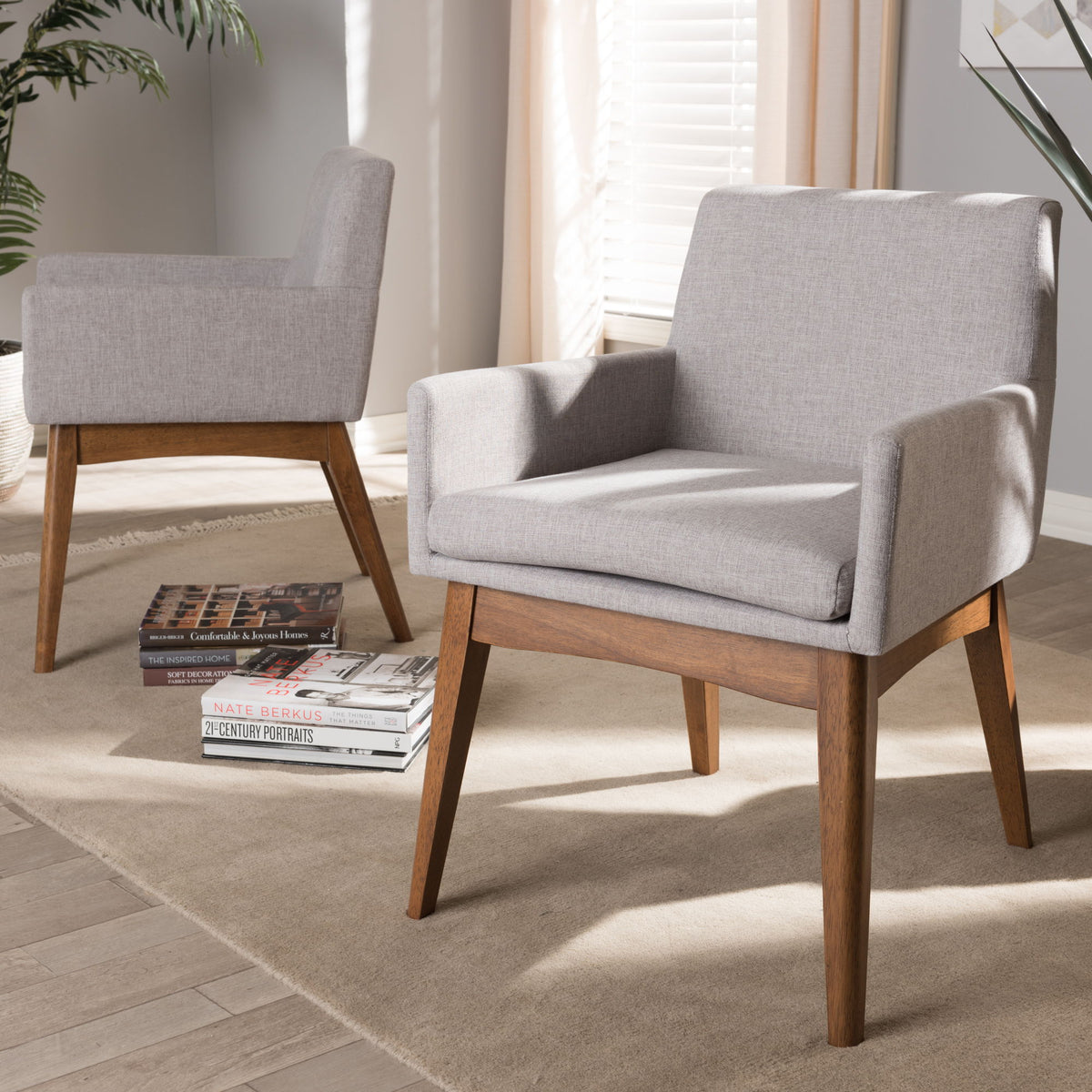 Nexus Mid-Century Modern Walnut Wood Finishing Greyish Beige Fabric Dining Armchair (Set of 2)