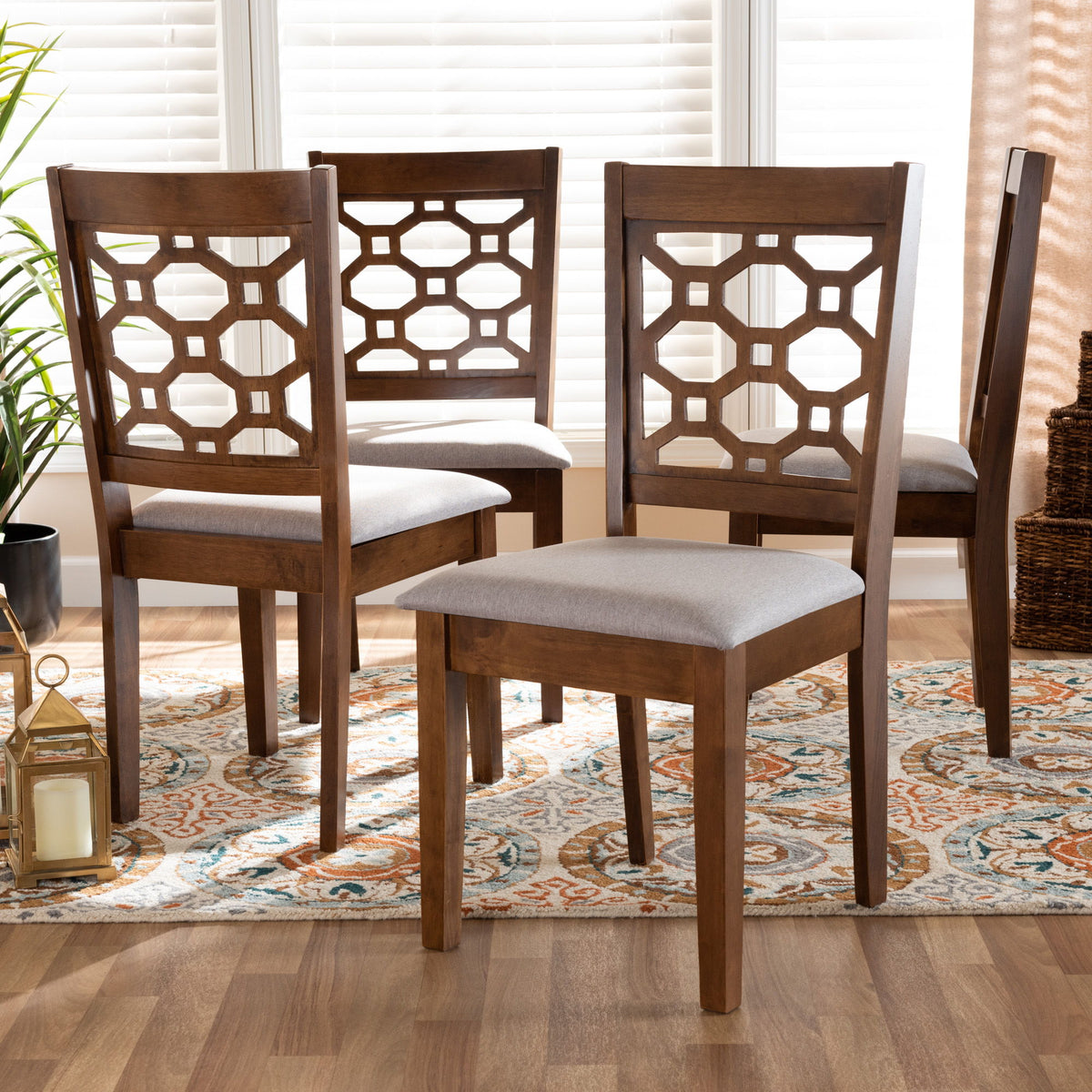 Peter Modern and Contemporary Grey Fabric Upholstered and Walnut Brown Finished Wood 4-Piece Dining Chair Set