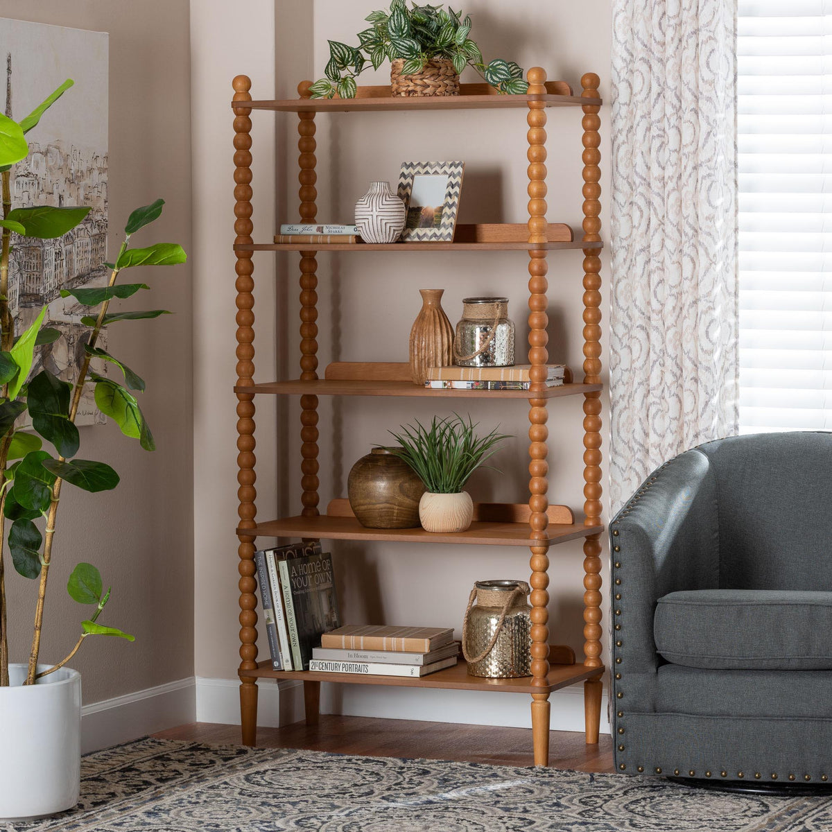 Lucera Bobbin Display Shelf - 5-Tier Open Frame Vertical Bookcase with Spindle Posts for Living Room or Ofice, Oak Brown
