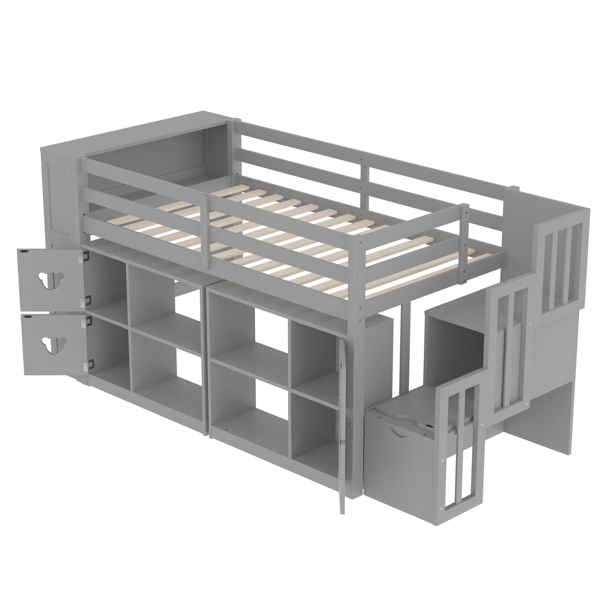 Loft Bed With Storage Cabinets, Staircase Drawers & LED Lights