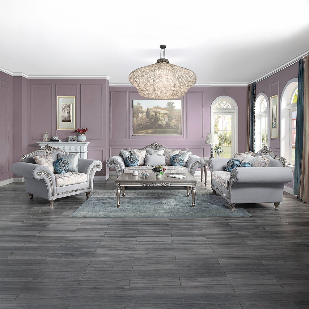 Pelumi - Loveseat With 5 Pillows - Light Gray Linen & Platinum