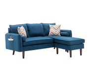 Mia 70"W Blue Sectional Sofa Chaise with USB Charger & Pillows