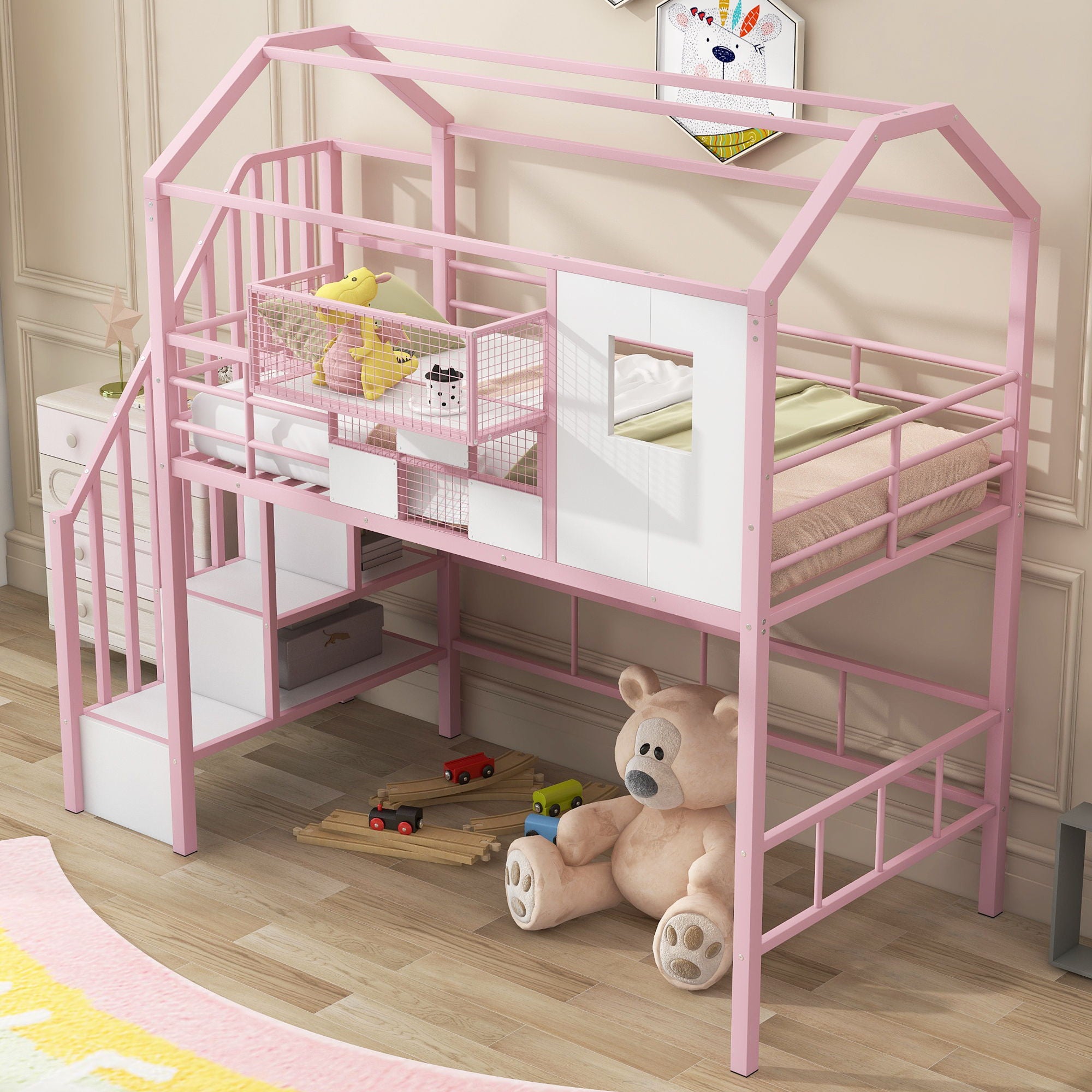 Metal Loft Bed With Roof Design And Storage Box With Guardrails And Integrated Ladder
