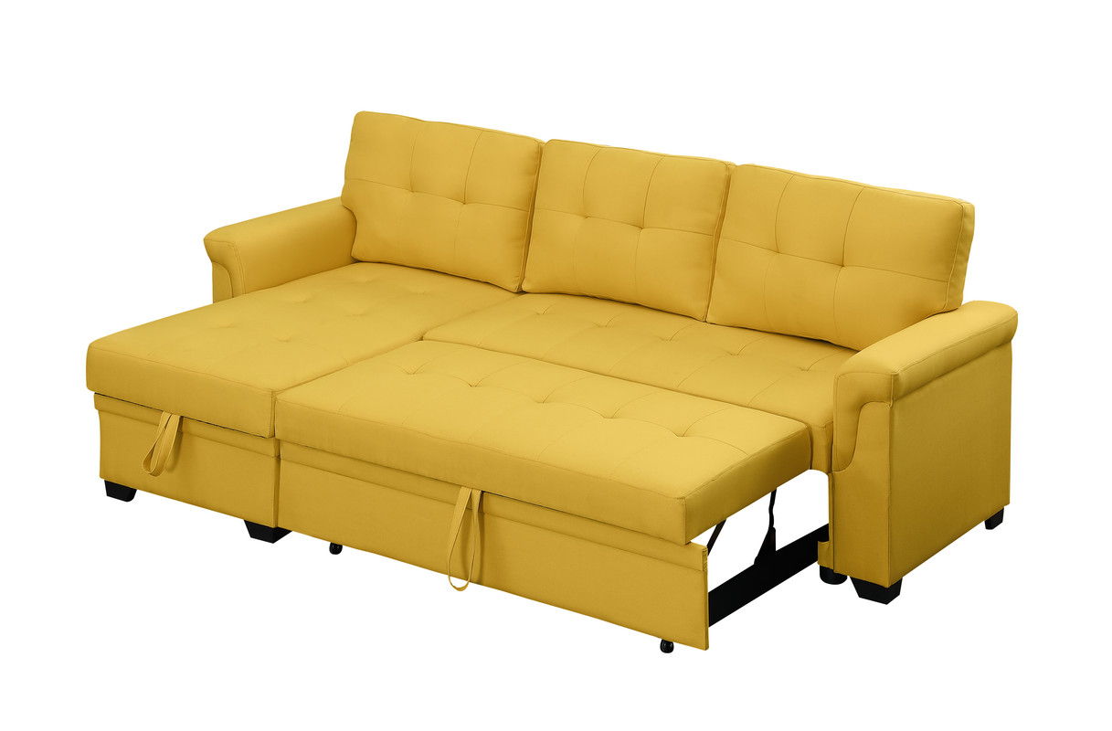 Lucca 84"W Yellow Linen Reversible Sleeper Sectional Sofa with Storage Chaise
