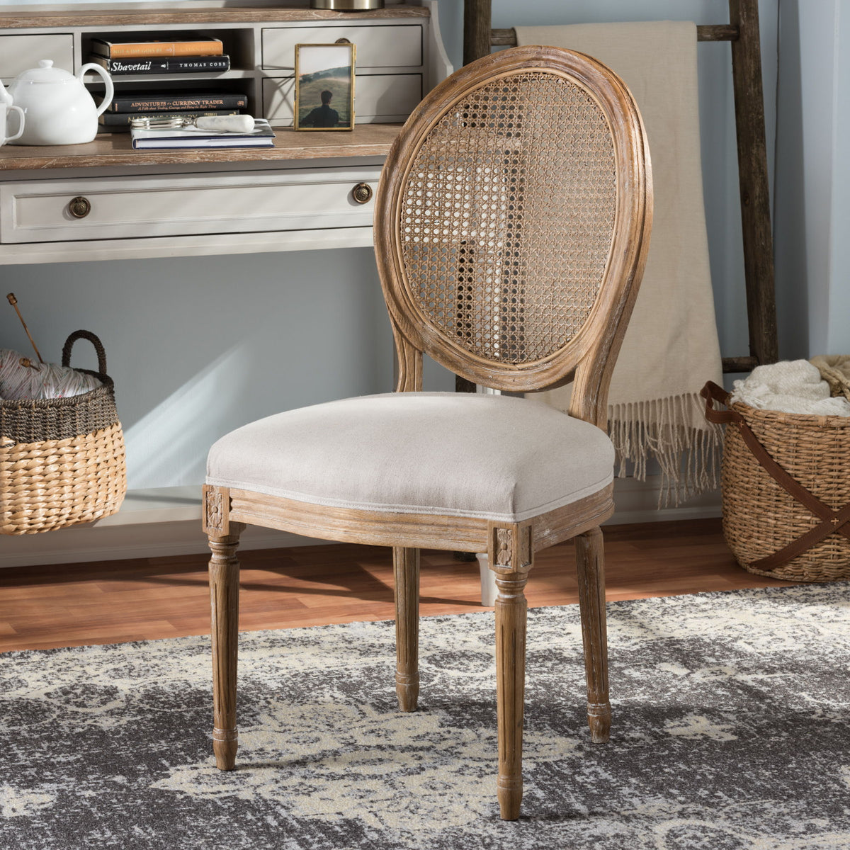 Adelia French Vintage Cottage Weathered Oak Finish Wood and Beige Fabric Upholstered Dining Side Chair with Round Cane Back