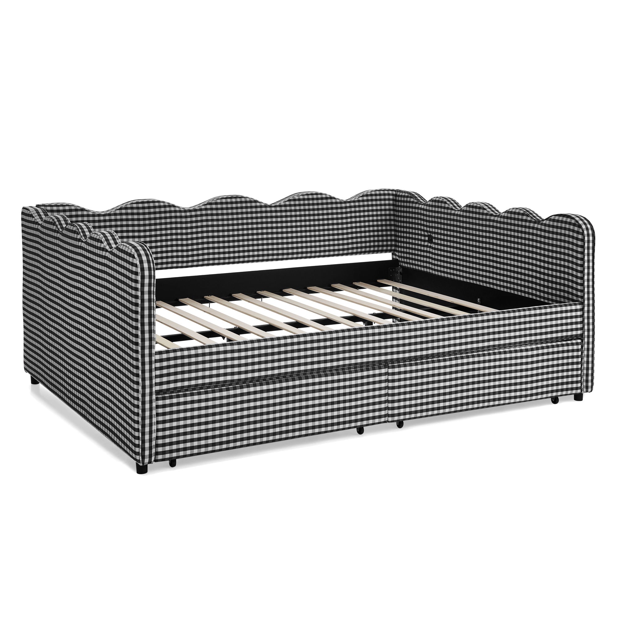 Gingham Daybed With USB Charging Port, Wave-Shaped Design