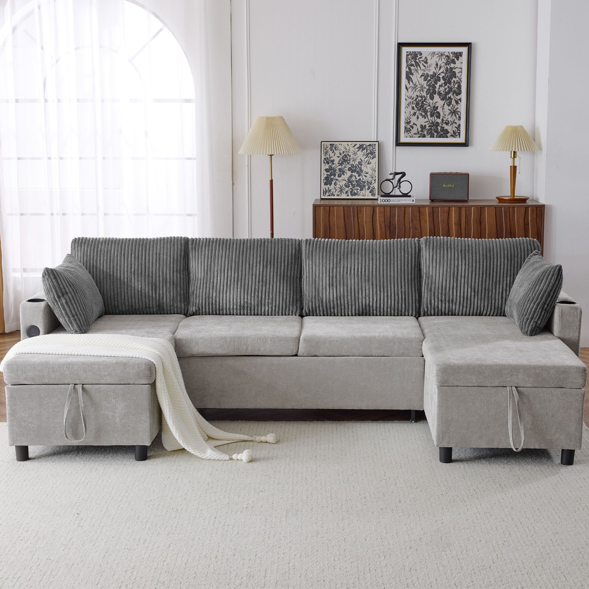 Sectional Sofa Bed With Pull Out Sleeper, USB Ports, Cup Holders
