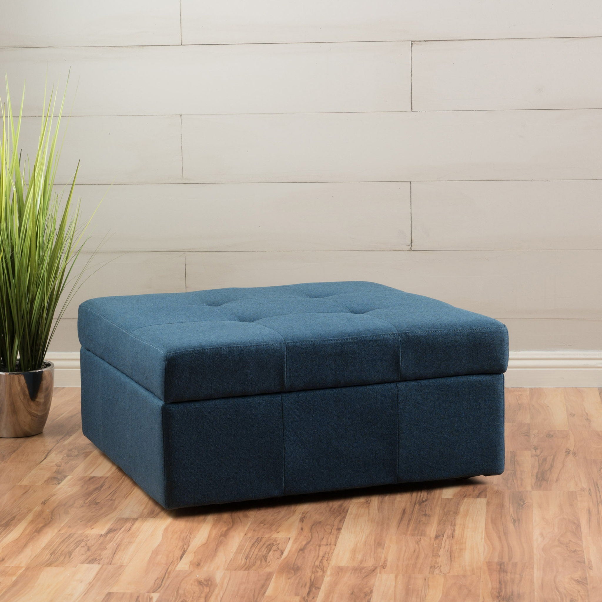 Flip Top Ottoman With Tufted Waffle Stitch And Rolling Casters - Navy Blue
