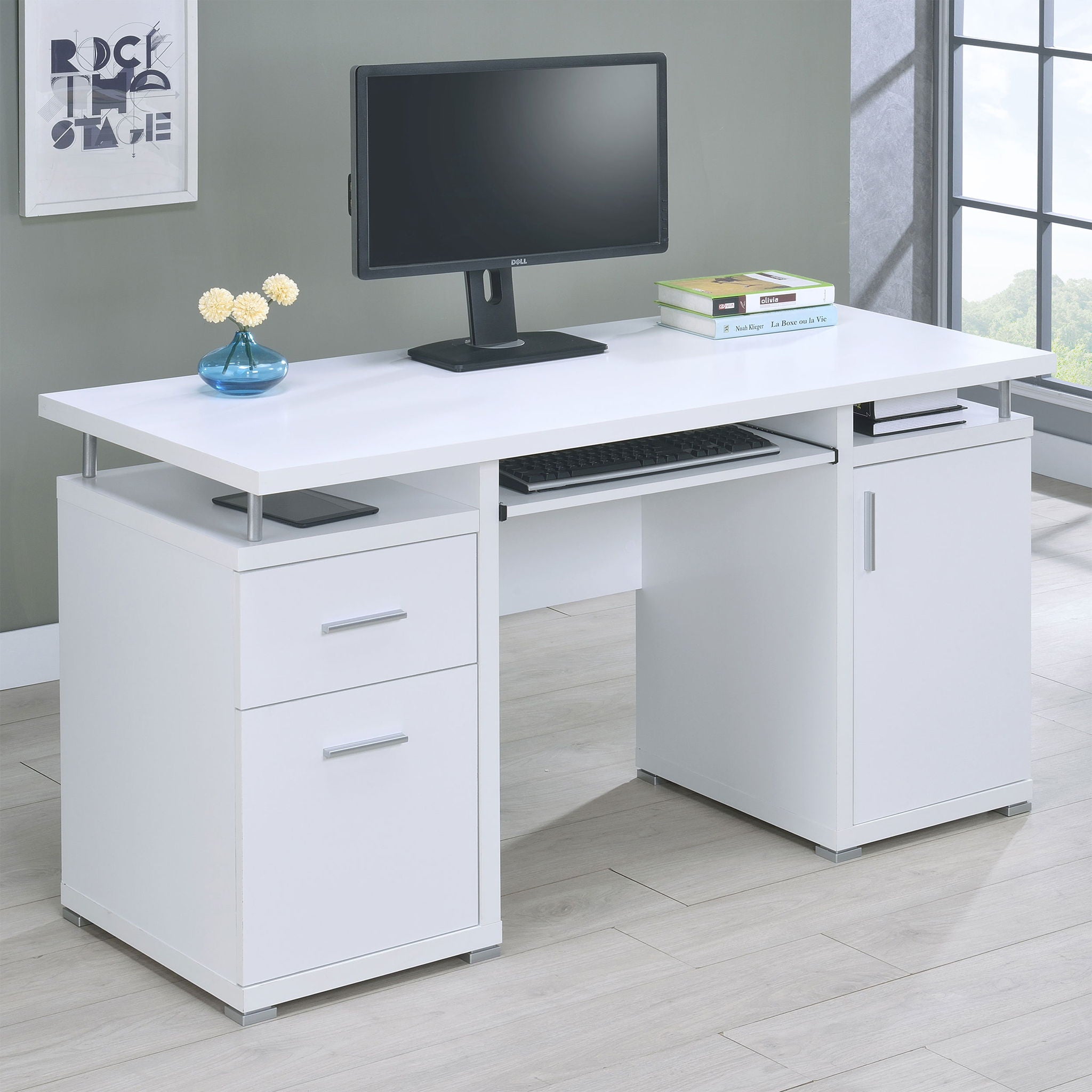 Modern Office Computer Desk With 2 Drawers, Adjustable Shelf, Slide Out Keyboard Tray