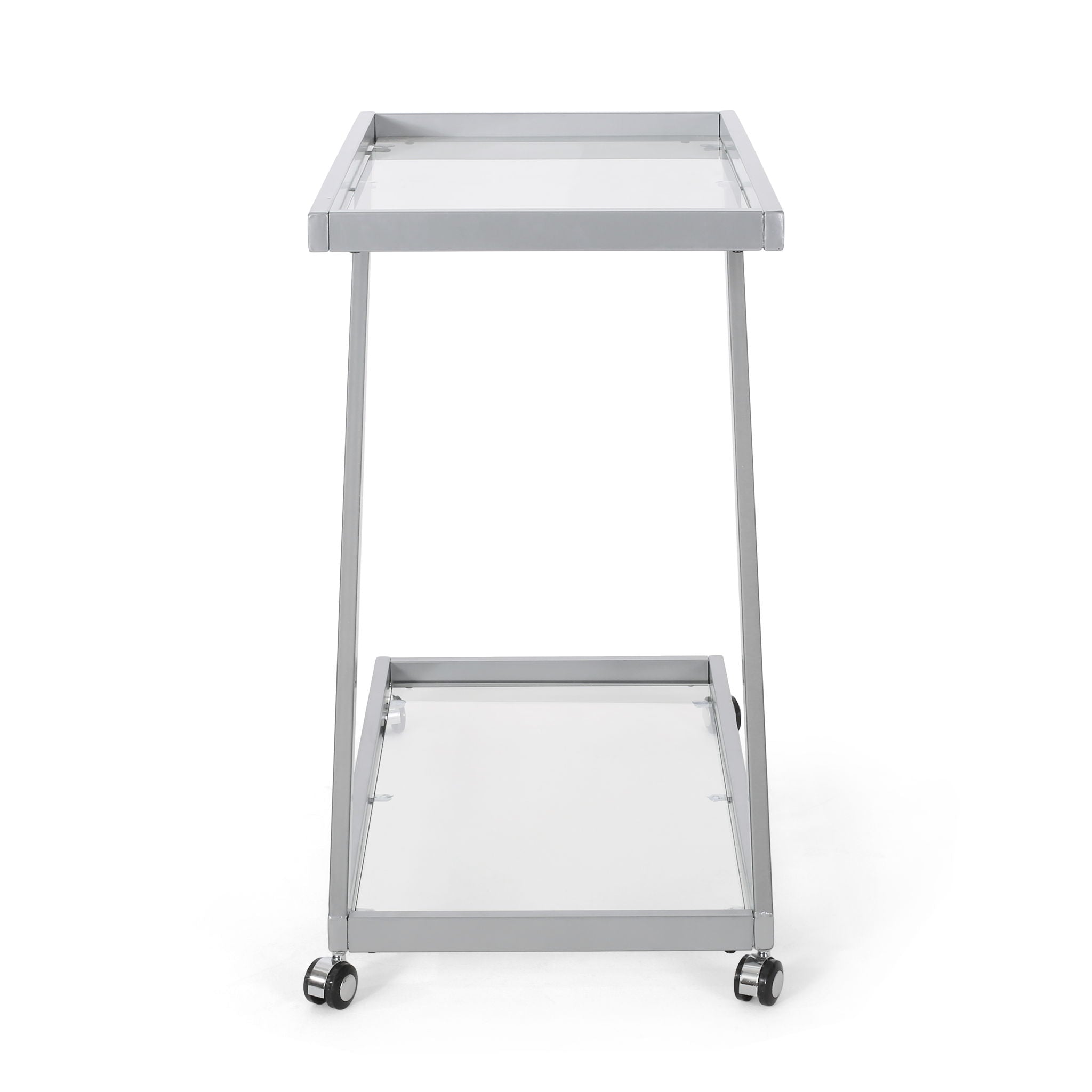 Modern Z Shaped Bar Cart With Tempered Glass Shelves - Silver