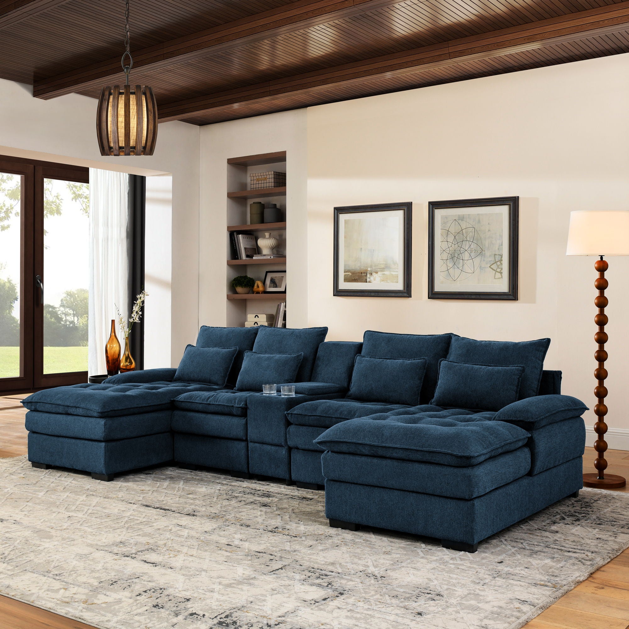 Contemporary U Shaped Sofa With Console And Cupholders