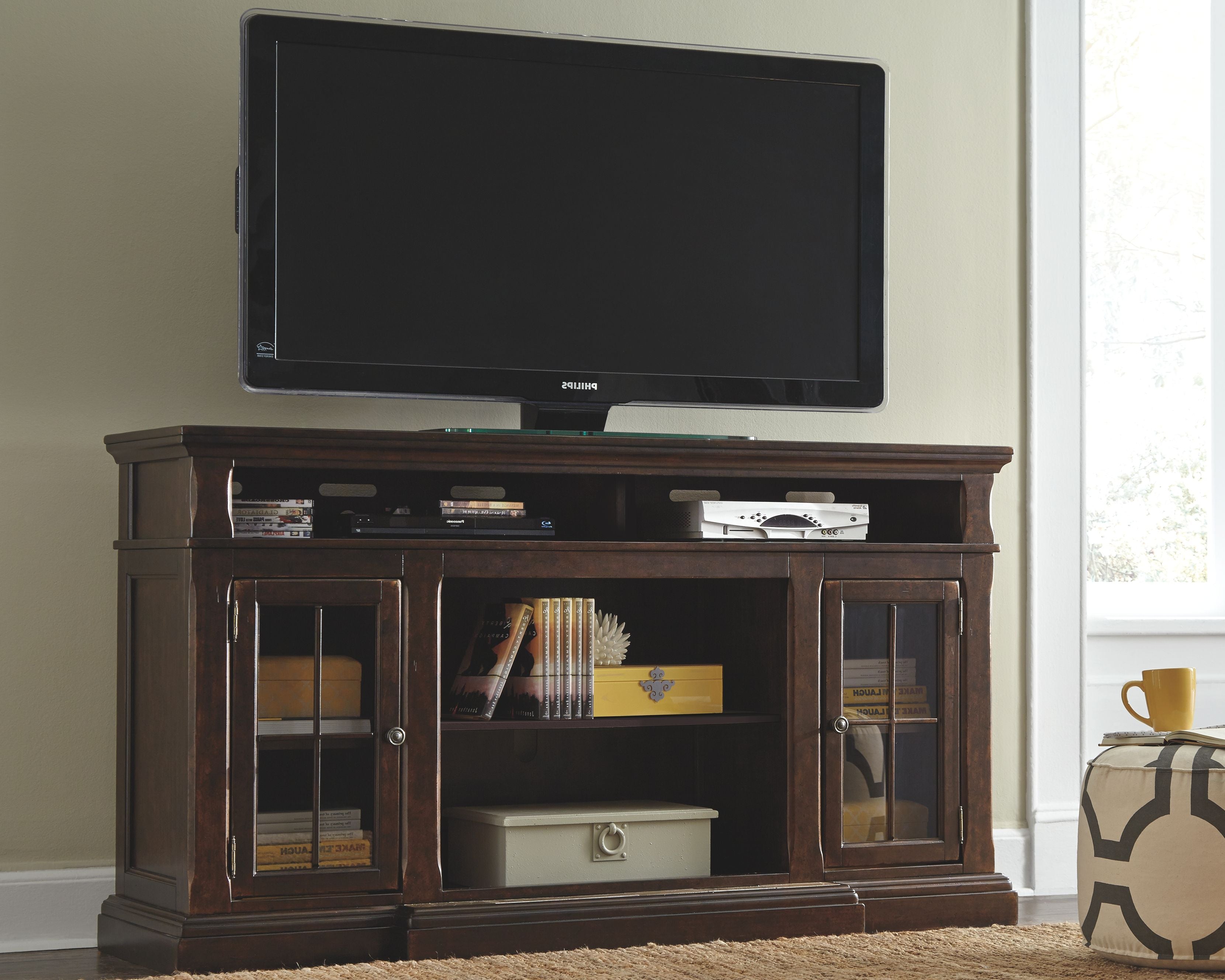 Ashley Furniture Roddinton - Dark Brown - XL TV Stand W/Fireplace Option | Meri Furniture