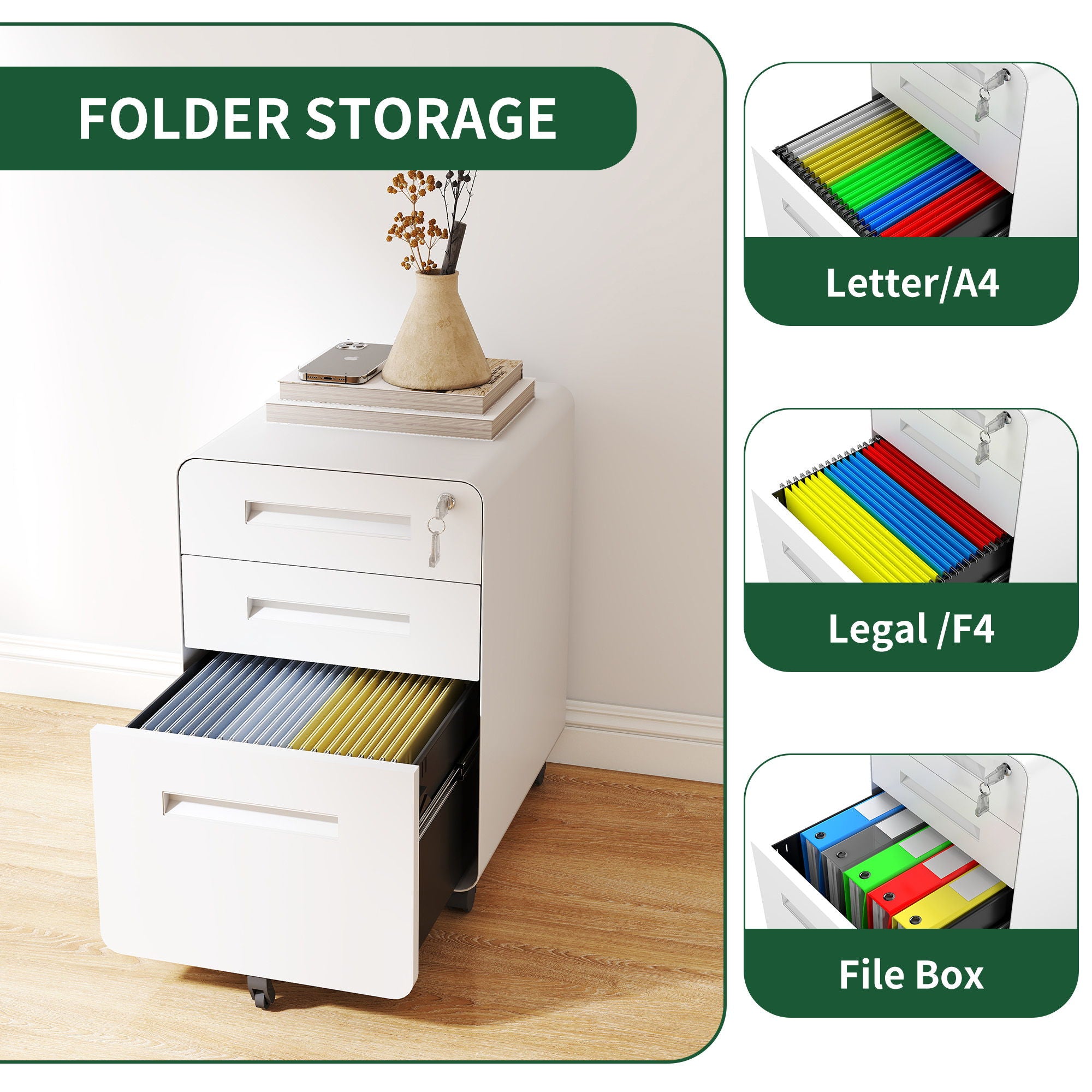 3-Drawer Mobile File Cabinet With Lock, On Casters, Holds A4/Letter Files