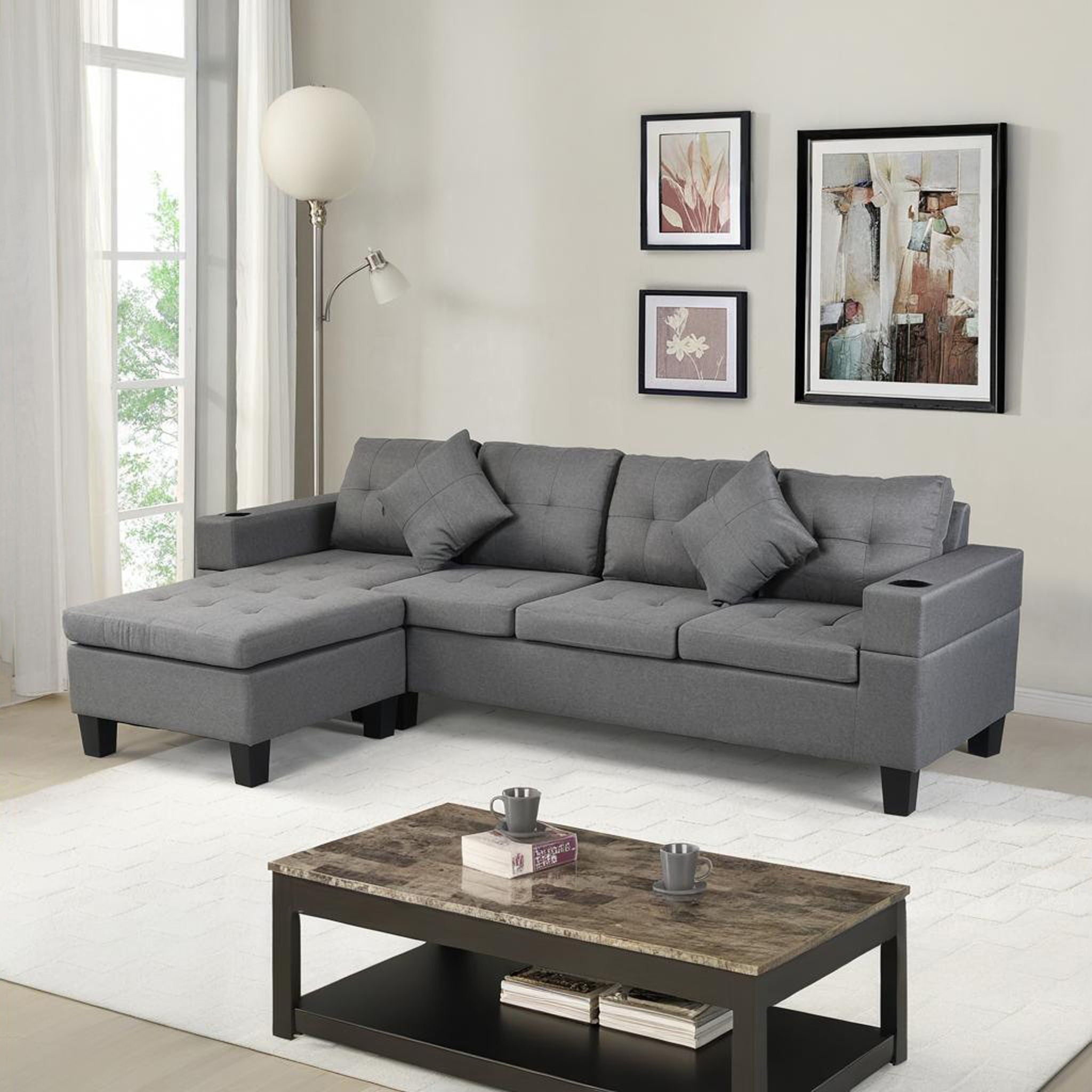 Modern Sectional Sofa Set With L Shape Chaise Lounge, Cup Holder, 4 Seat - Gray