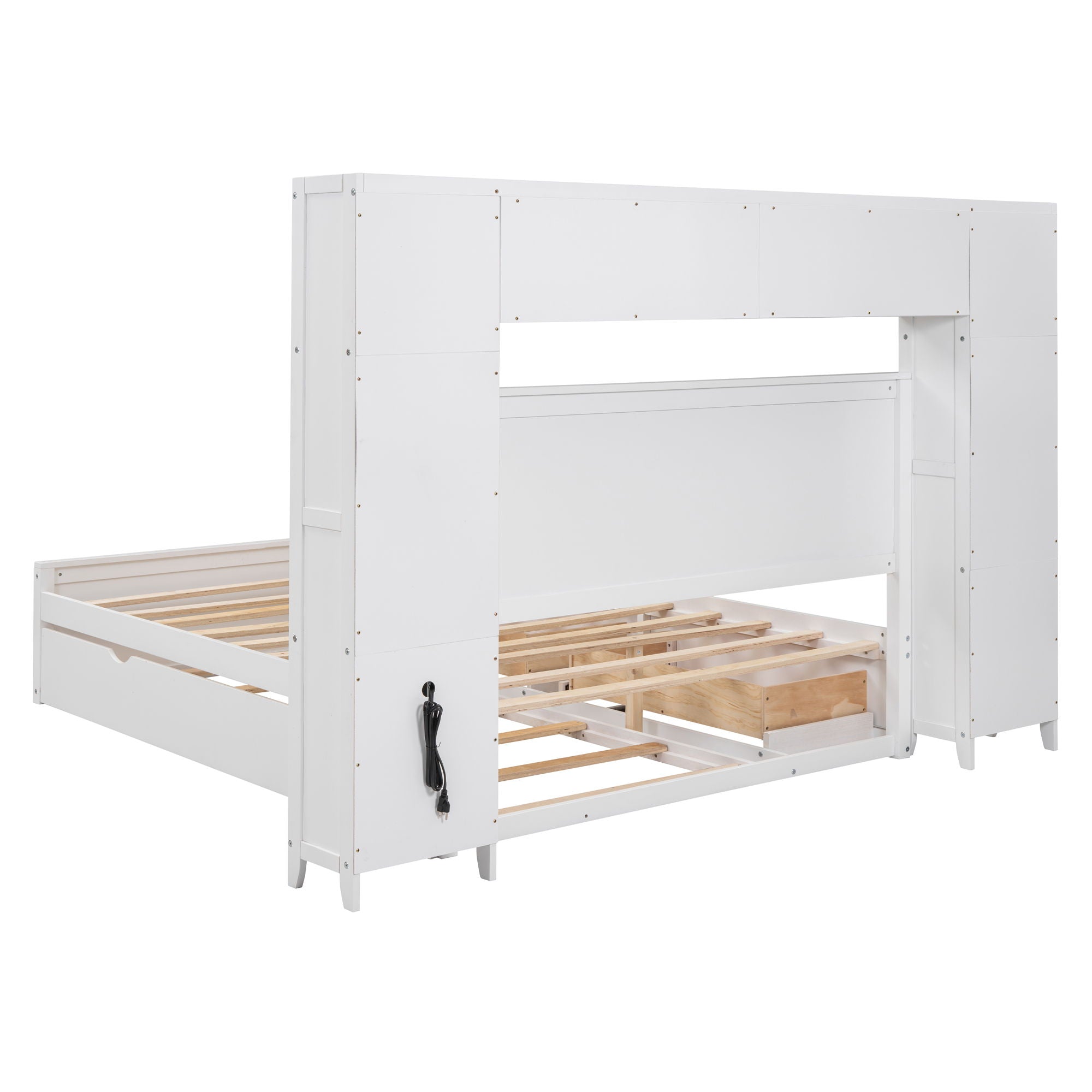 Bed With All In One Cabinet, Shelf And Sockets, Twin Long Trundle