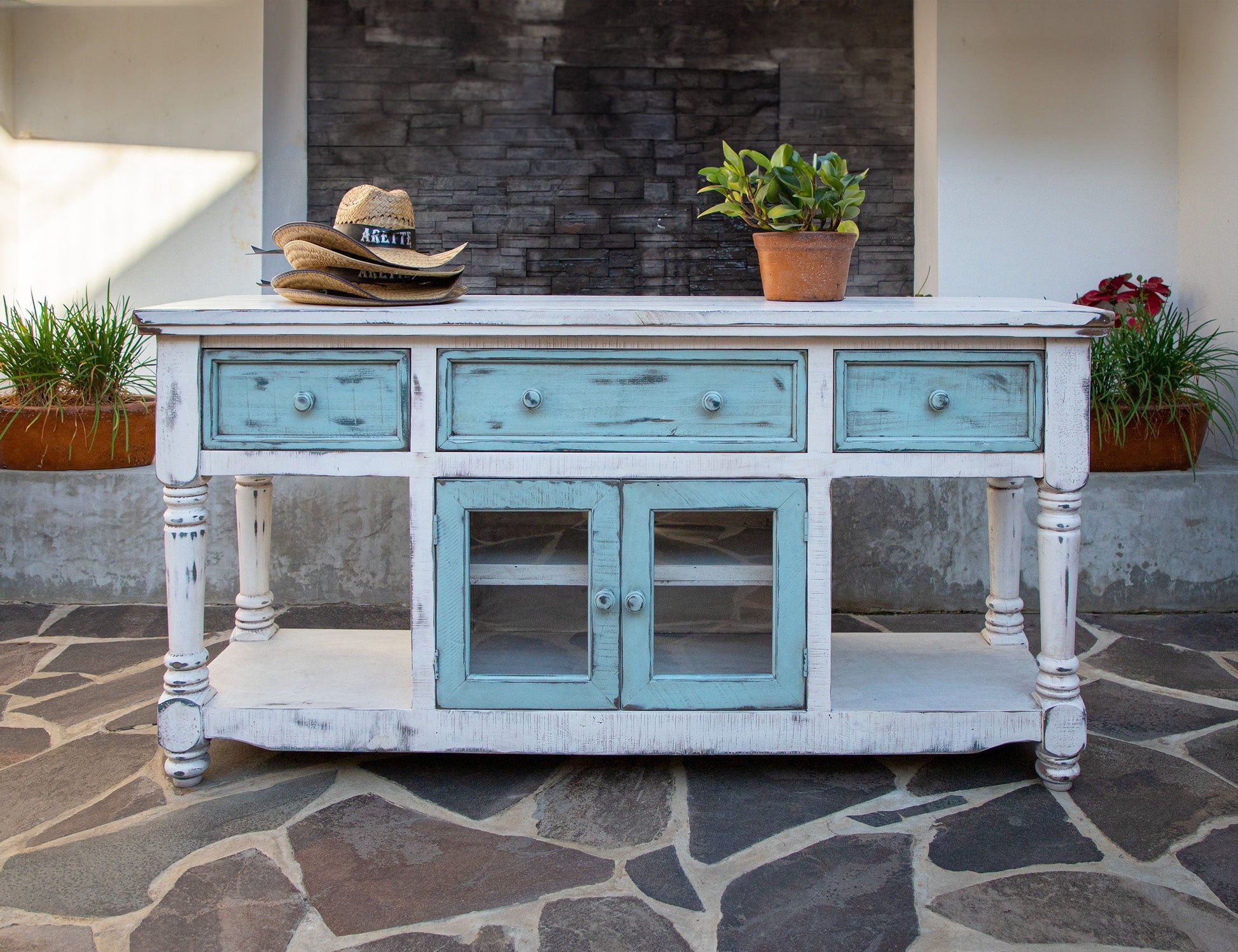 International Furniture Direct Aruba - TV Stand / Console With 3 Drawers And 2 Doors (Sky Blue) - Off White / Sky Blue | Meri Furniture