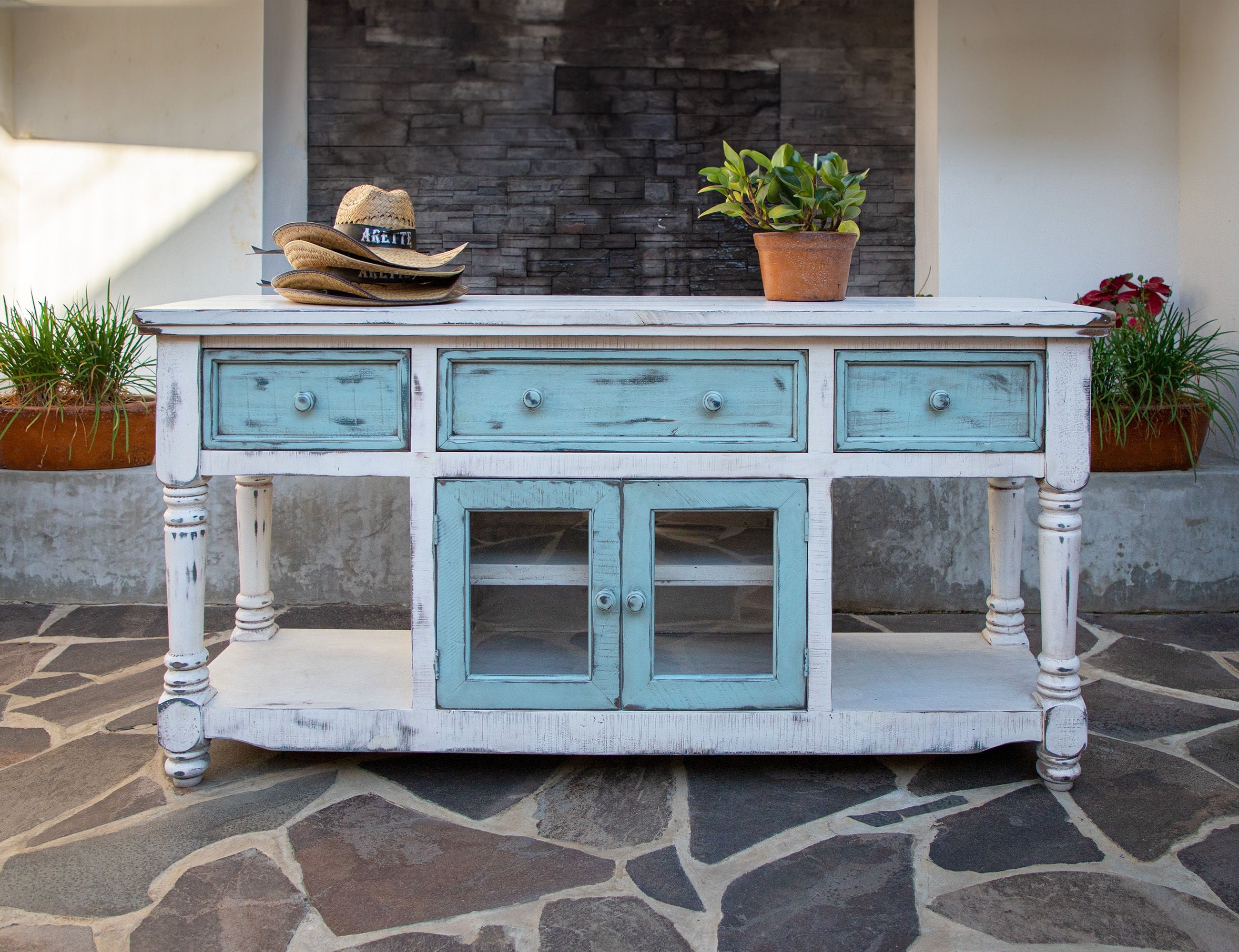 International Furniture Direct Aruba - TV Stand / Console With 3 Drawers And 2 Doors (Sky Blue) - Off White / Sky Blue | Meri Furniture