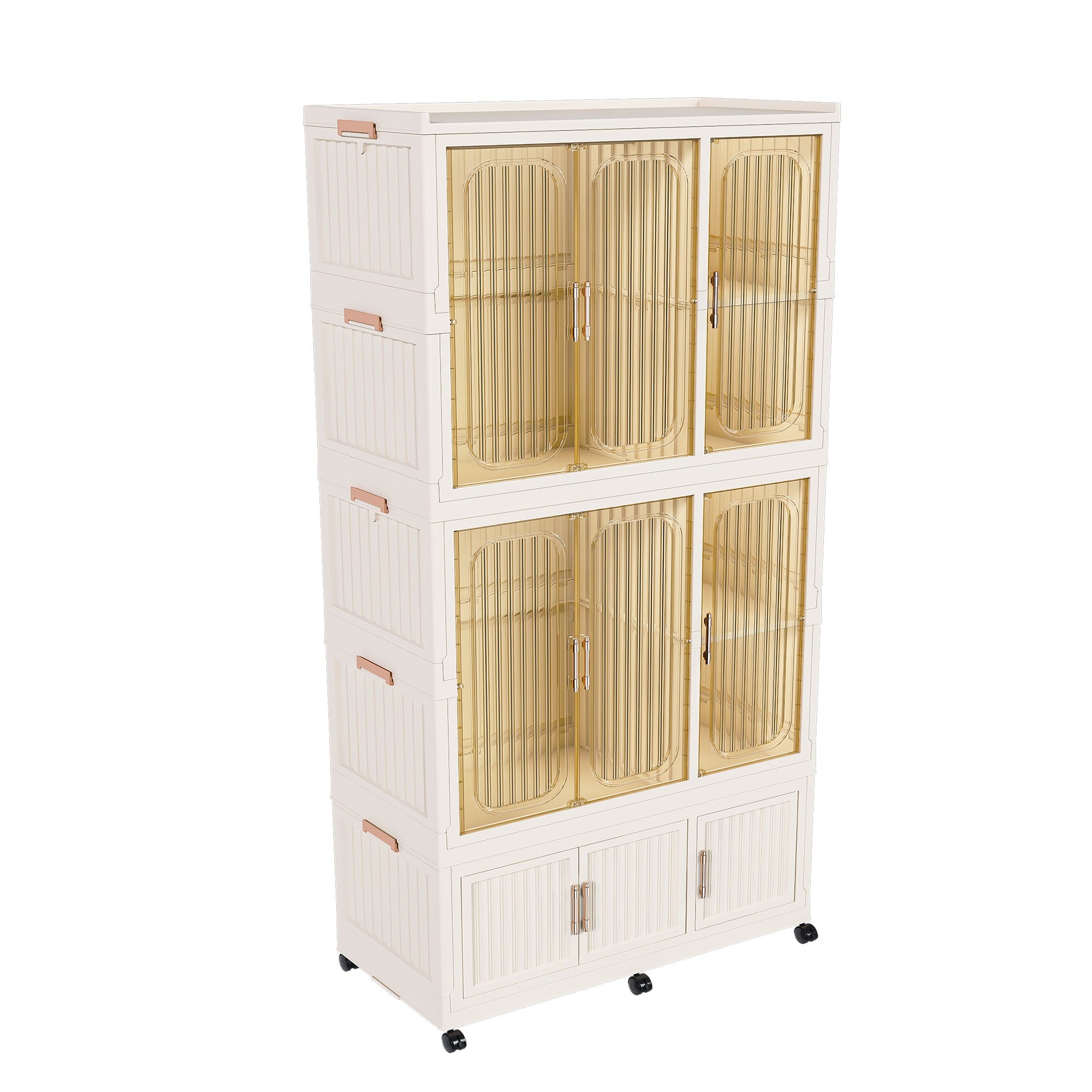 Portable Wardrobe Closet Storage Organizer For Clothes, 9 Magnetic Doors With 9 Cubes & 2 Hanging Rods, 6 Hangers - Cream White