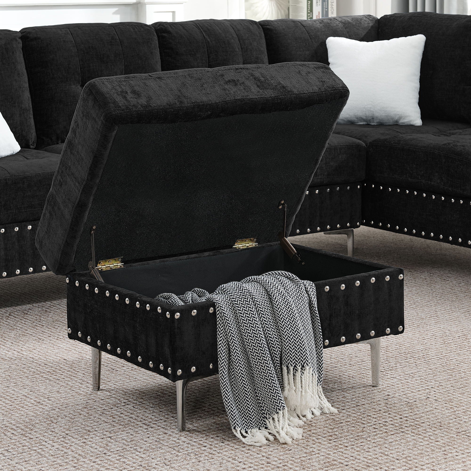 L-Shaped Sectional Sofa With Chaise And Storage Ottoman, Includes 2 Pillows