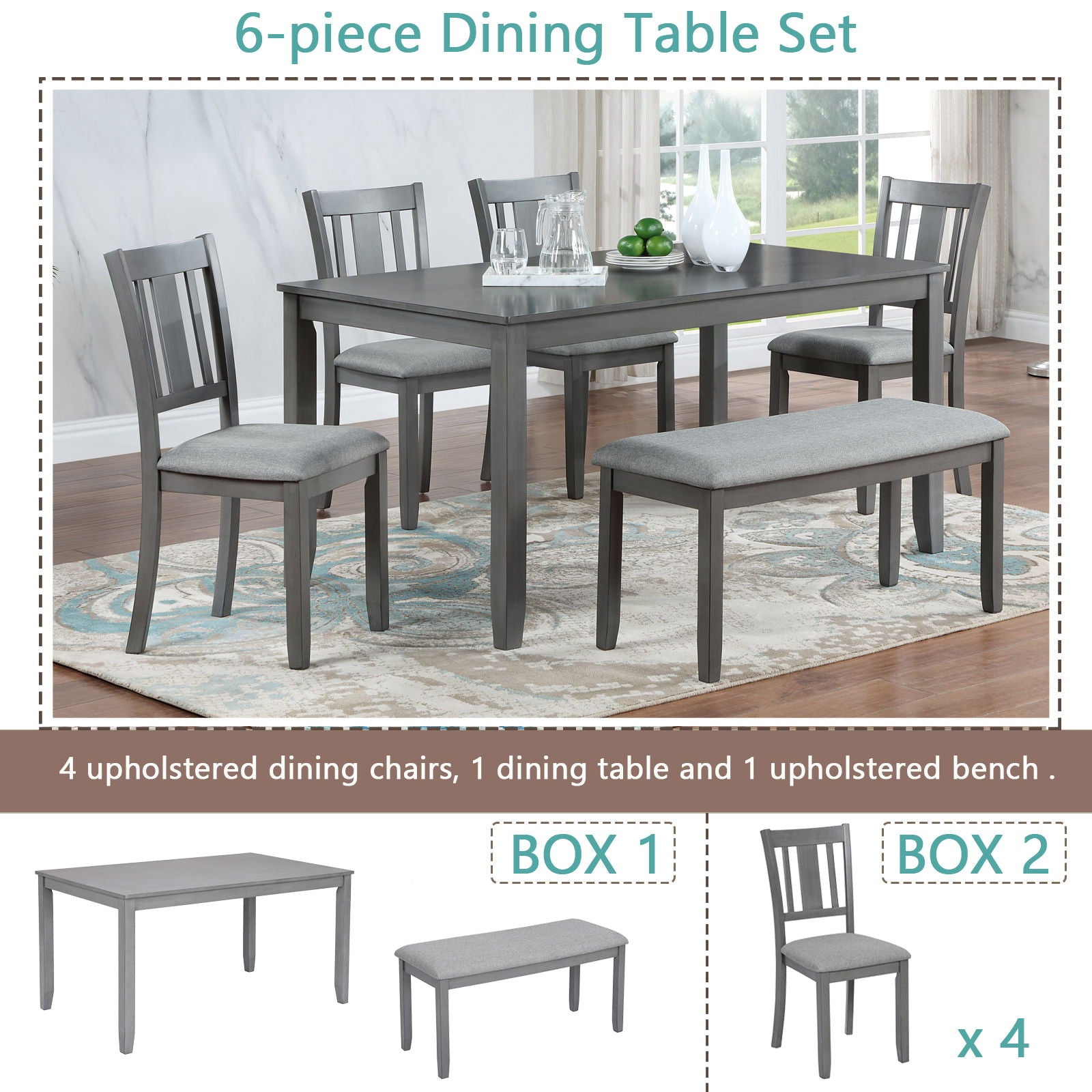 6 Pieces Kitchen Dining Set, Rectangular Wooden Dining Table With 4 Upholstered Chairs And A Bench