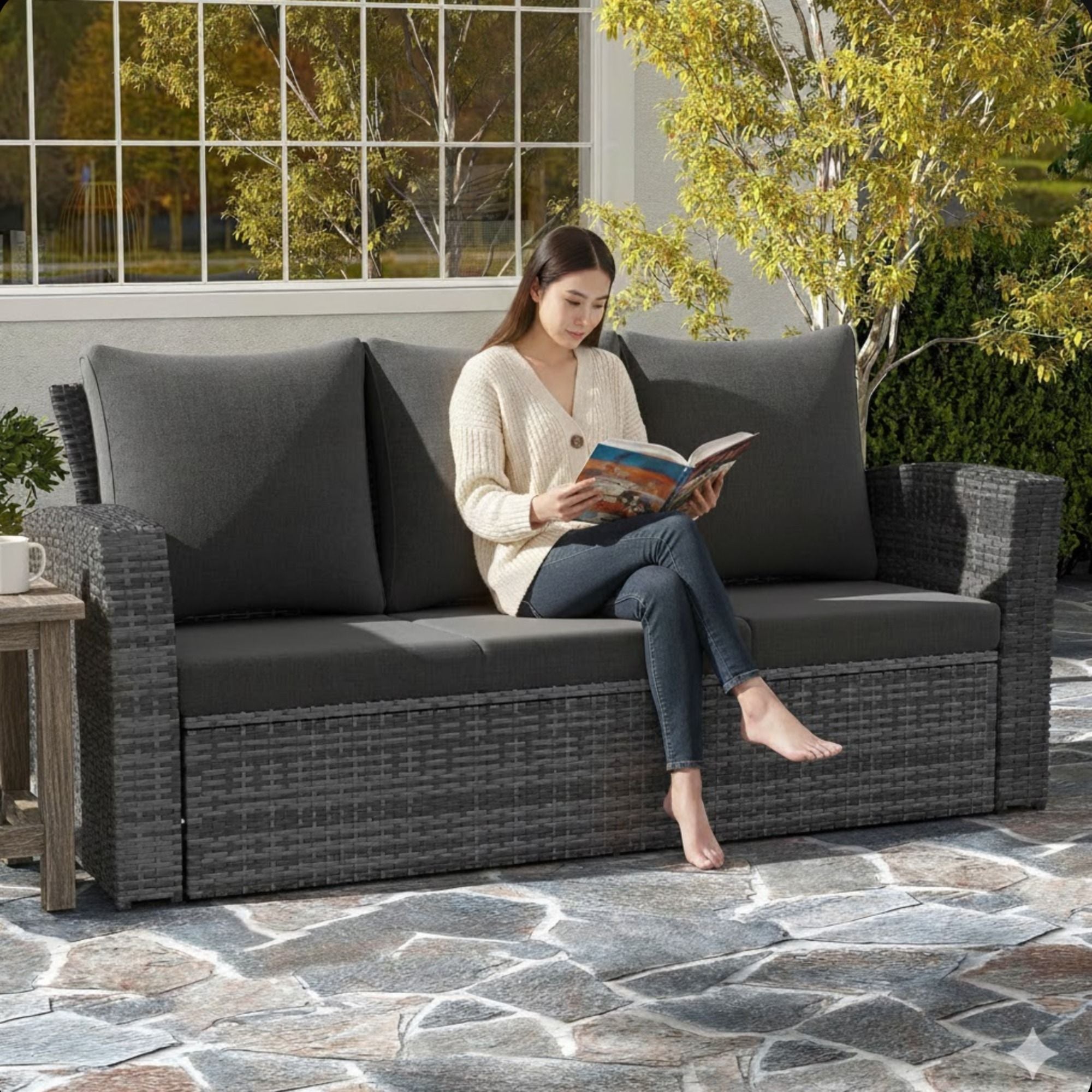 All-Weather Wicker 3 Seat Patio Sofa With Thick Cushions
